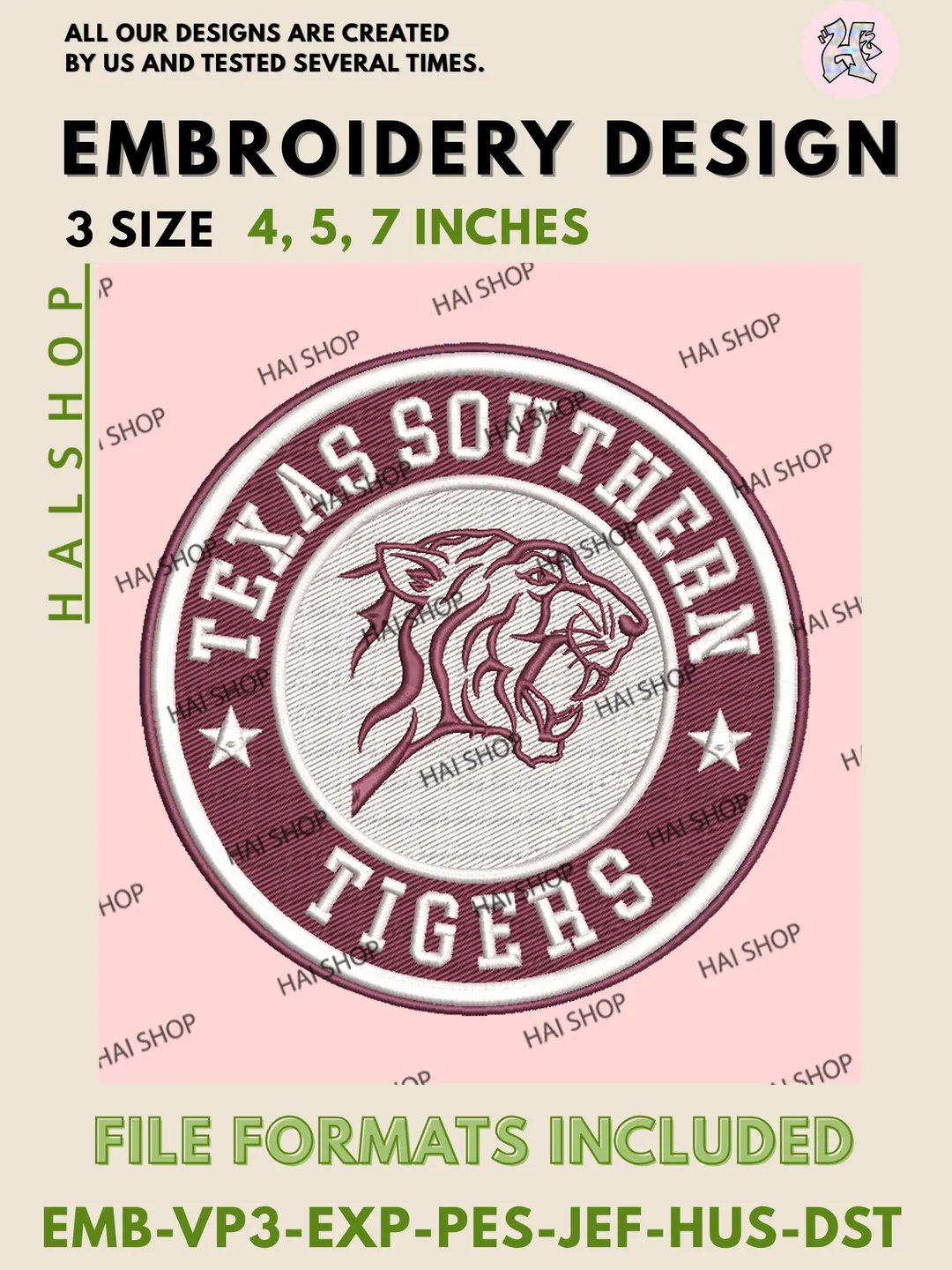 NCAA Texas Southern Tigers Mascot Logo Embroidery Design, Tigers Machine Embroidery Files, College Teams, Game Day, 3 Sizes, Digital Download