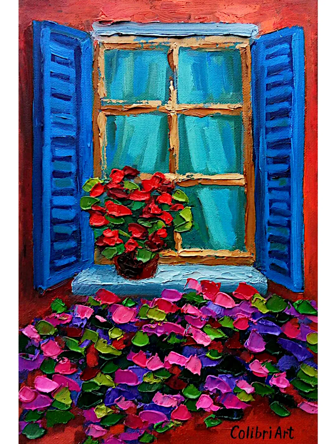 Window Painting Italy Original Art Flower Painting Geranium Floral Art Italian Colorful Small Art 12"x 8" By Colibri Art