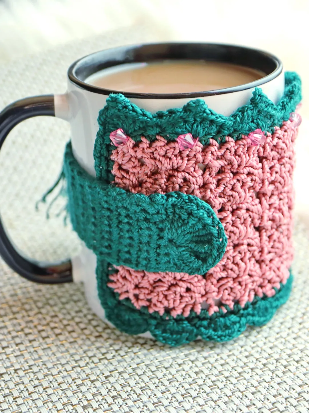 Victorian Floral Crochet Mug Cozy Pattern, Buttoned Coffee Sleeve (PDF Pattern)