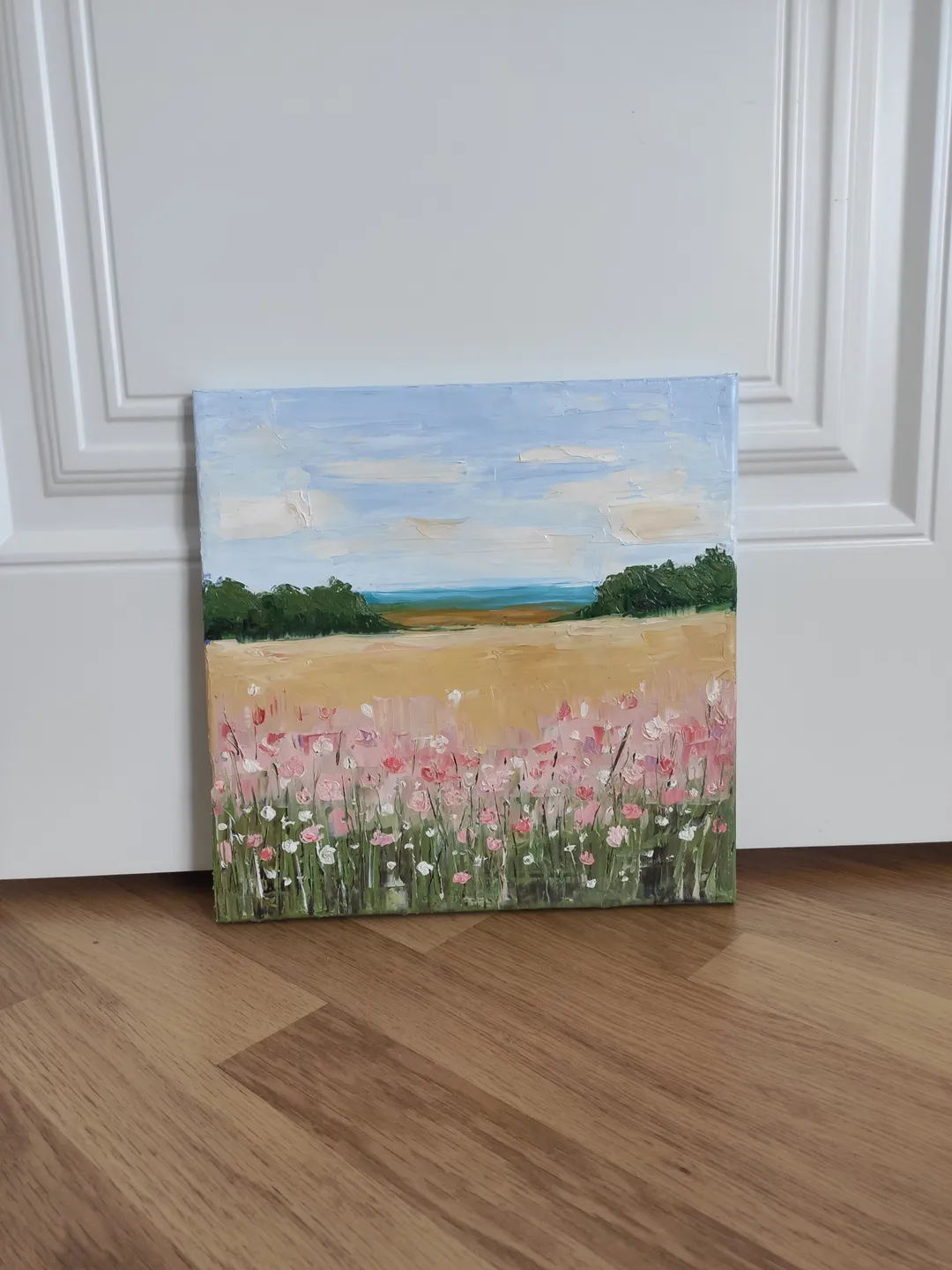 Oil painting on canvas landscape with pink flowers