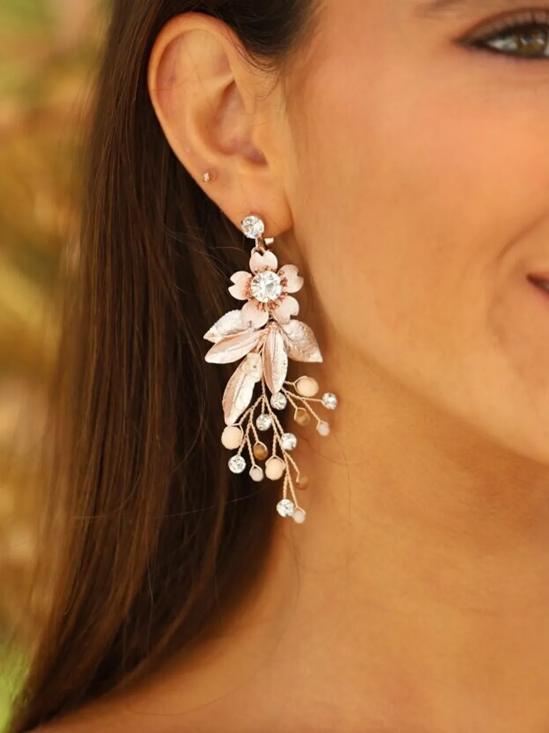 Boho Wedding Earrings For Brides, Rose Gold Chandelier Statement Floral Bridal Earrings, Flower Statement Wedding Jewelry, Vintage Jewellery