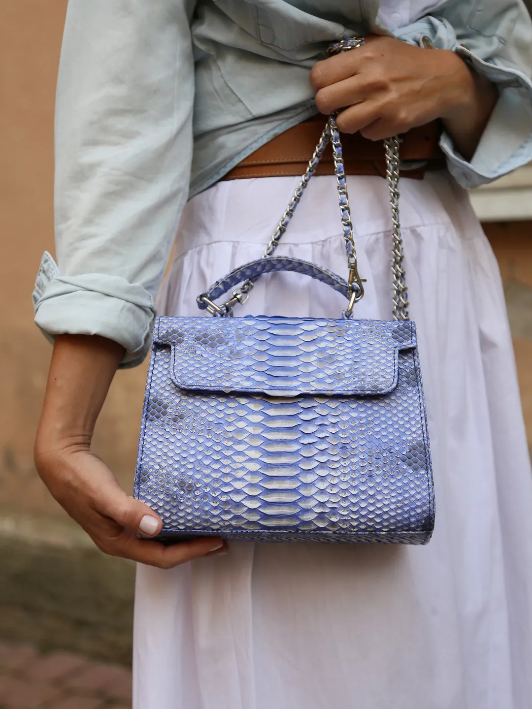 Genuine python skin light blue women elegant crossbody handle bag ...