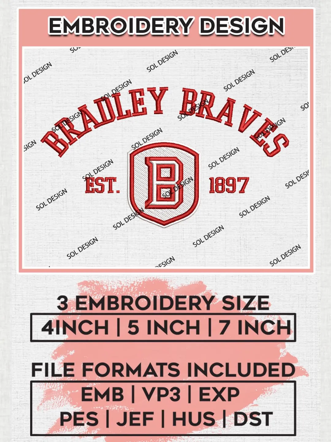 Bradley Braves Est 1897 Logo Embroidery Designs, NCAA Bradley Braves Team Embroidery, NCAA Team Logo, 3 sizes, Machine embroidery Files, Digital Download