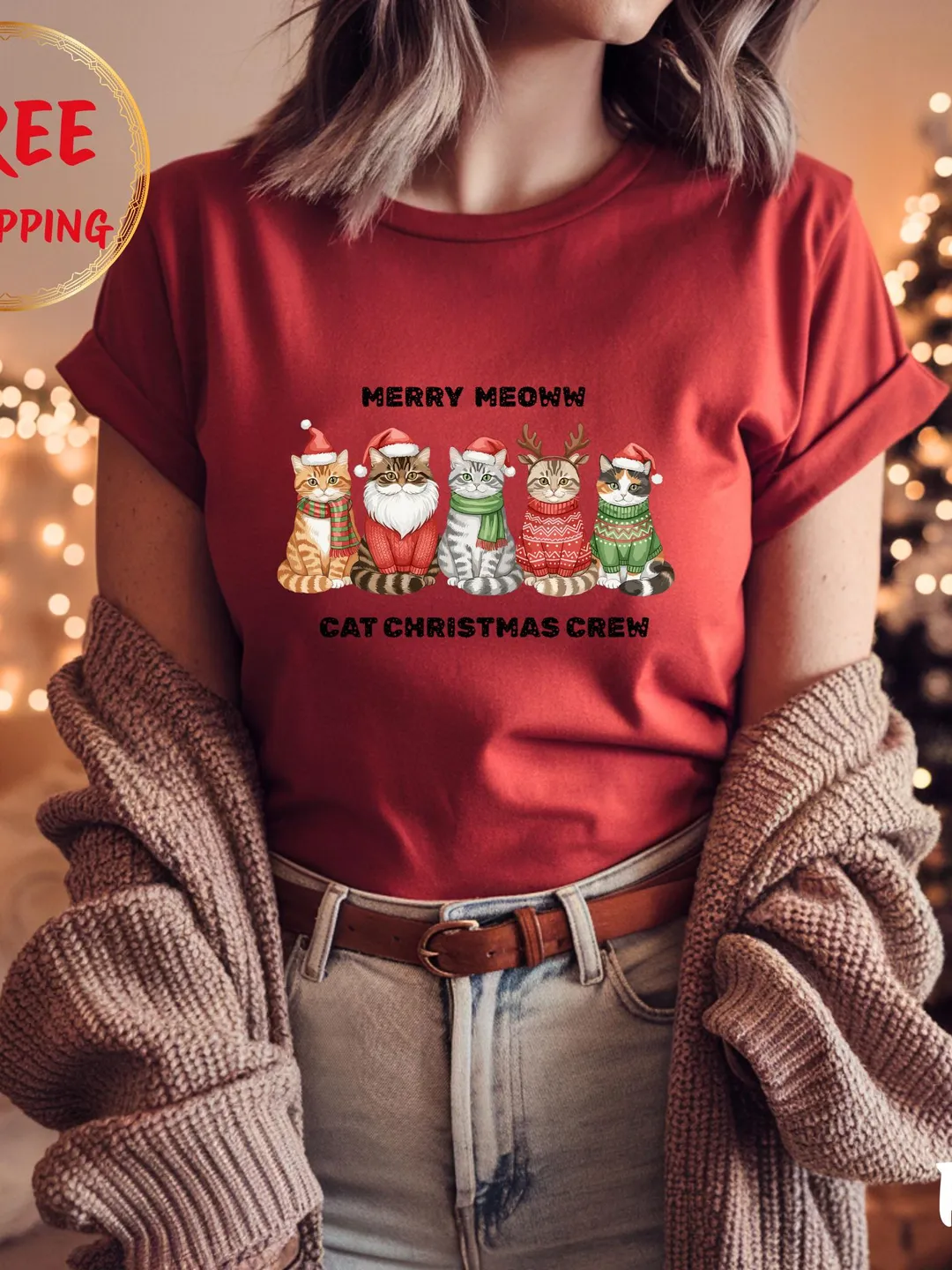 Merry Meoww Cat Christmas Crew Shirt