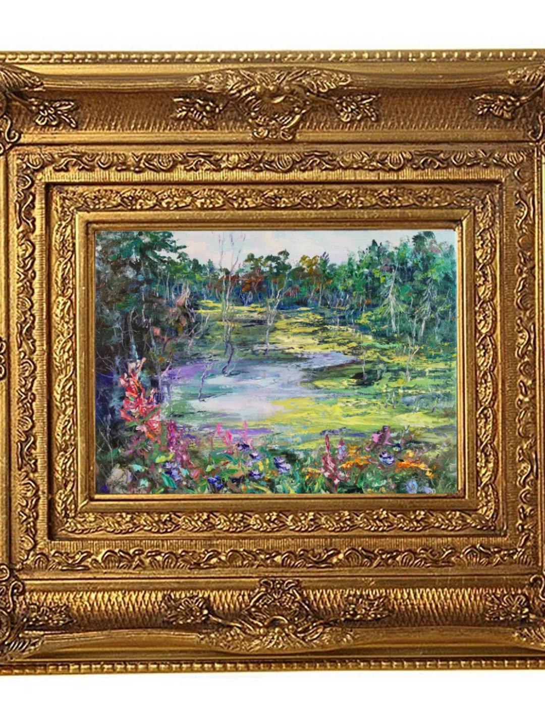 Pond Forest Flowers Oil Painting Landscape Impasto Original Artist Svinar Oksana