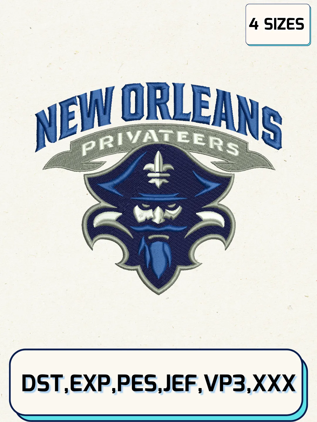 New Orleans Privateers Logos Embroidery Design Files, NCAA Logos Embroidery Designs, Machine Embroidery Files, 4 Sizes