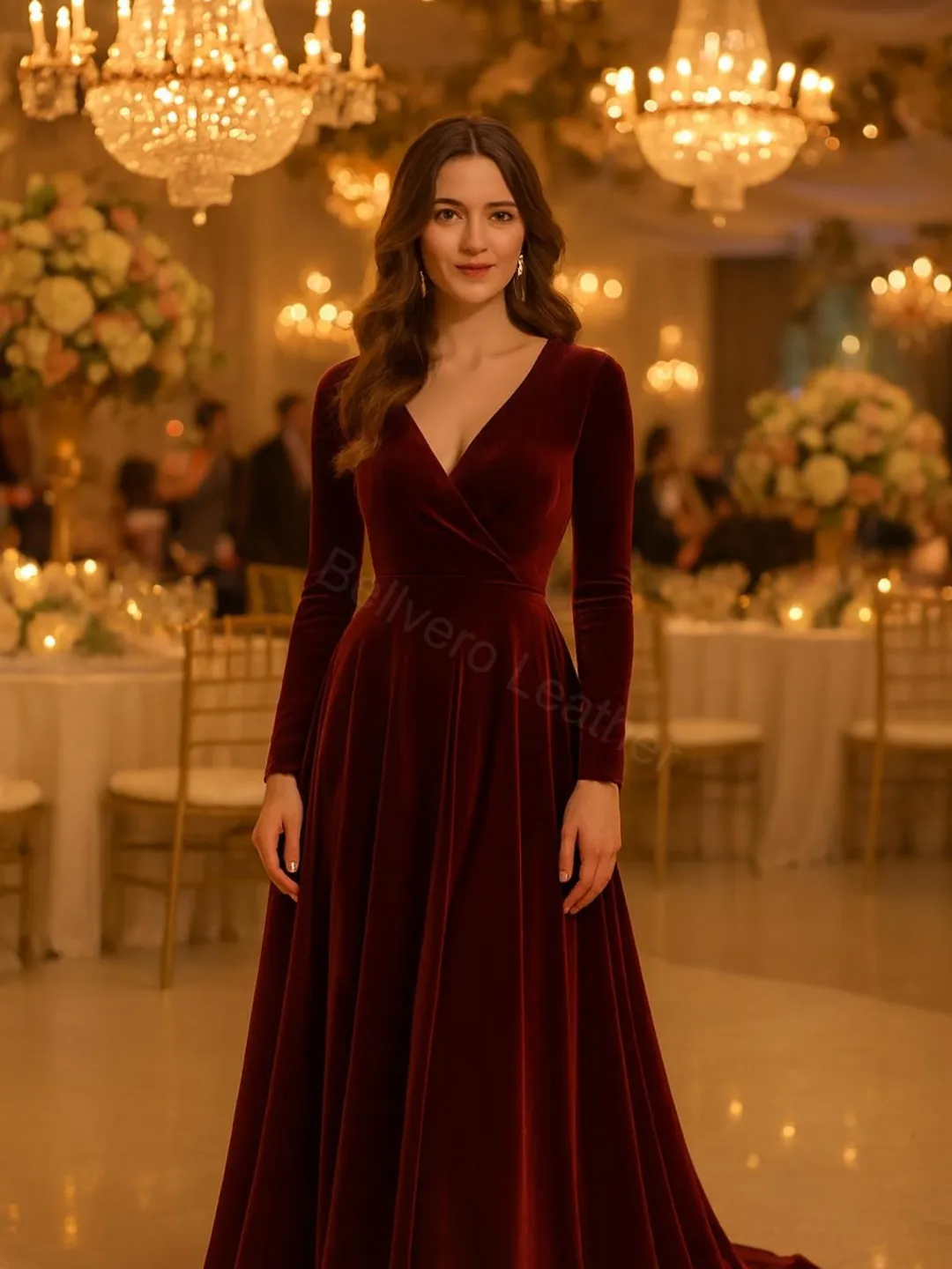 Red Wine Velvet Maxi Dress for Women – Elegant Formal Evening Gown – Wedding Guest Dress