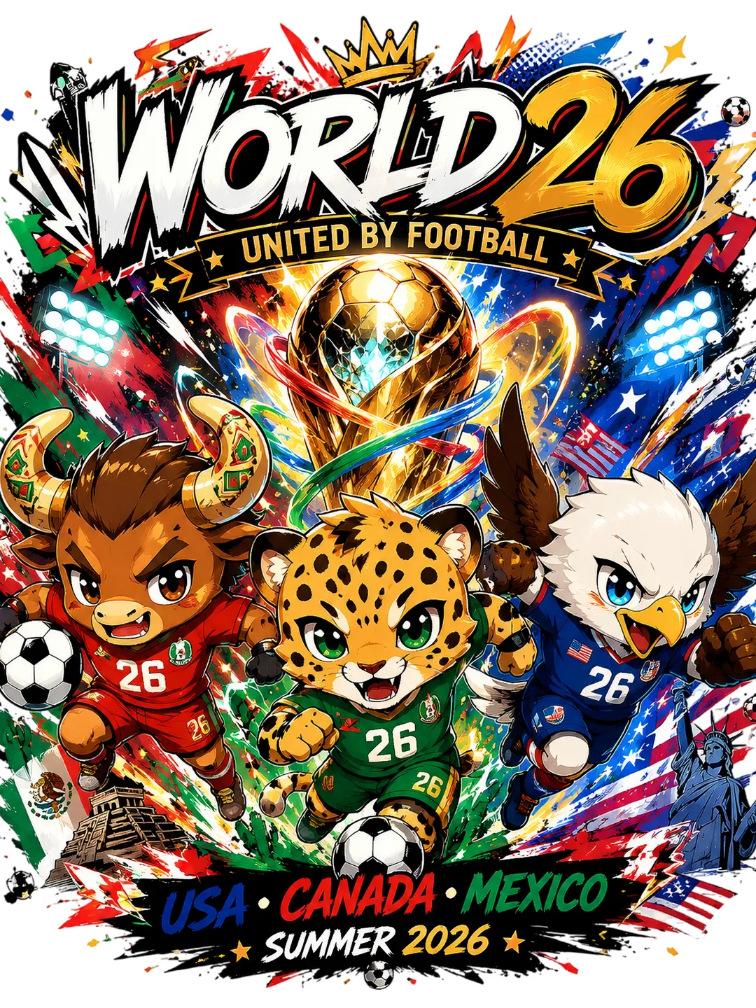 World Cup 2026 Mascot T-Shirt — Canada USA Mexico Official Soccer Fan Tee