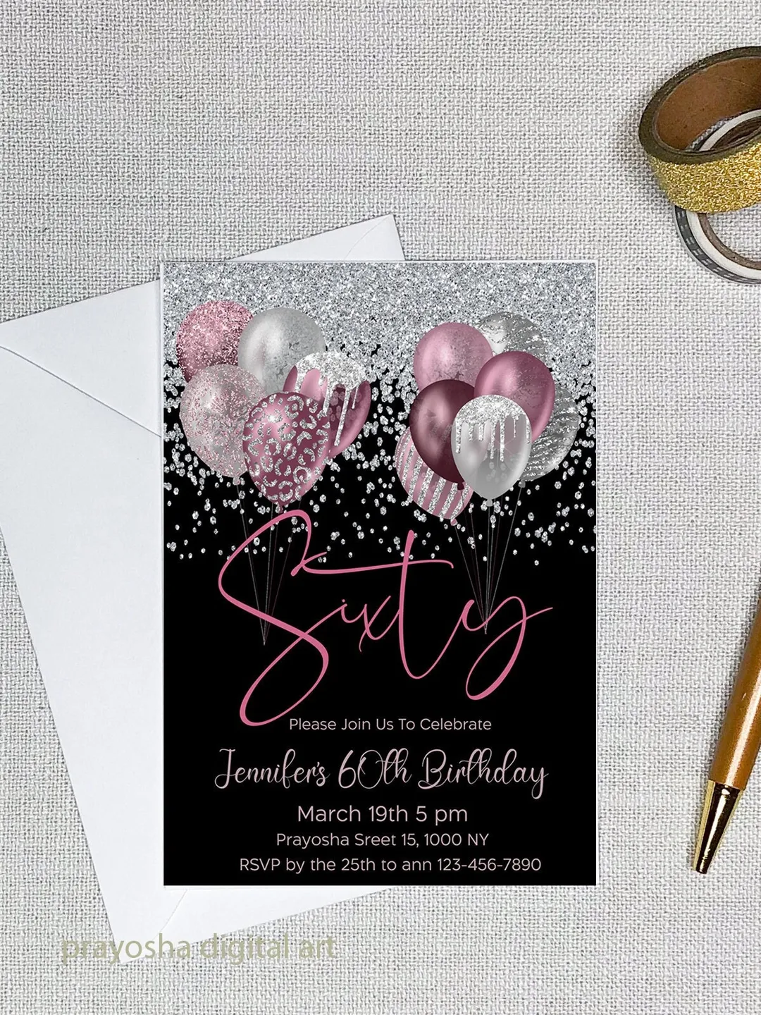 60th Birthday Invitation, Pink Balloons, Silver Glitter (Digital Invitation)