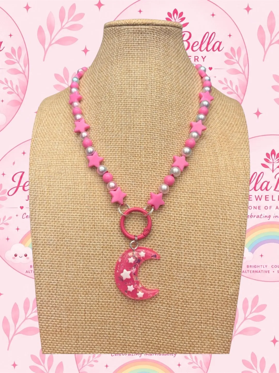 Whimsy goth star & crescent moon charm pink beaded necklace