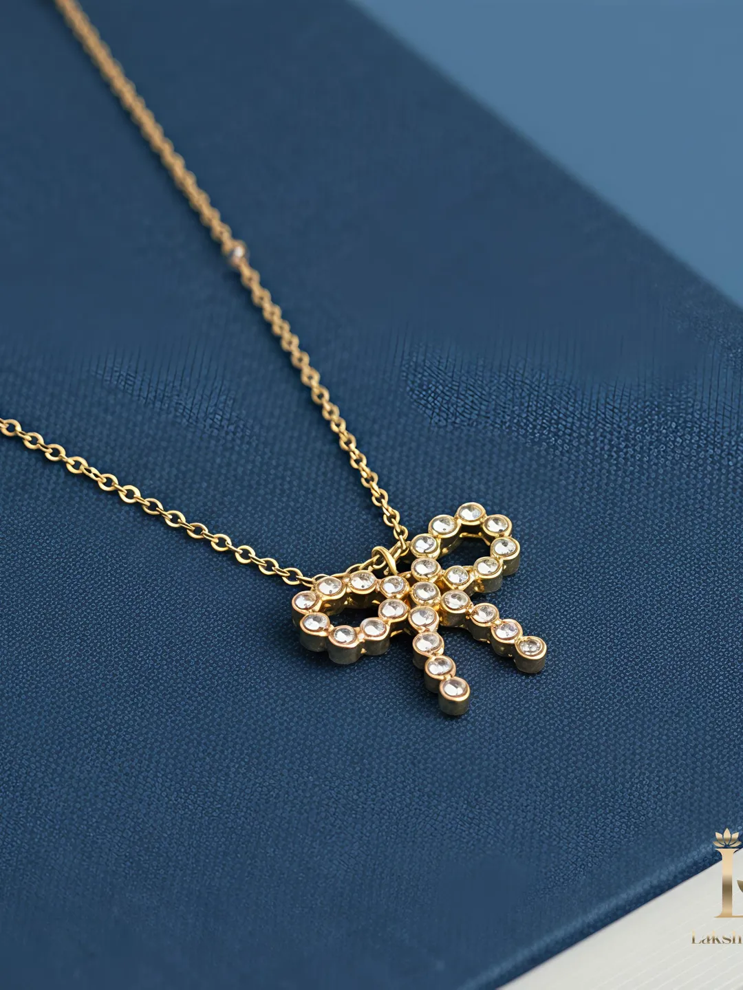 Gold Bow Necklace in Stainless Steel • Crystal Pavé Coquette Pendant • Dainty Bead Station Chain • Waterproof Minimalist Jewelry