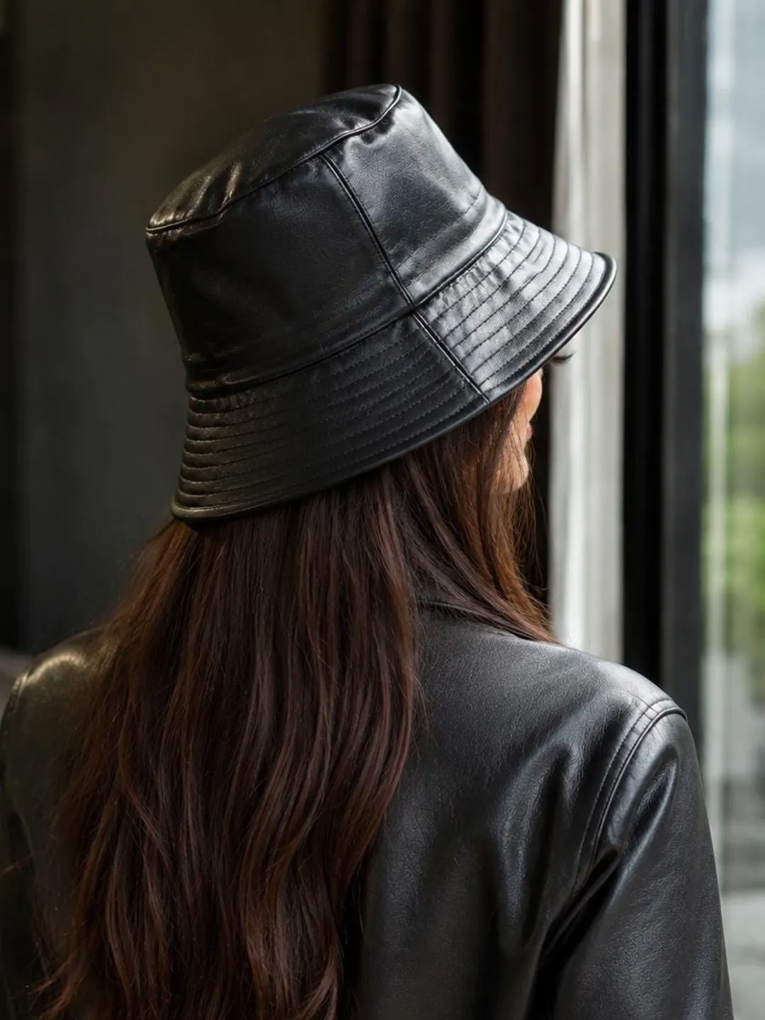 Black Cowhide Leather Bucket Hat | Minimalist Fisherman Cap