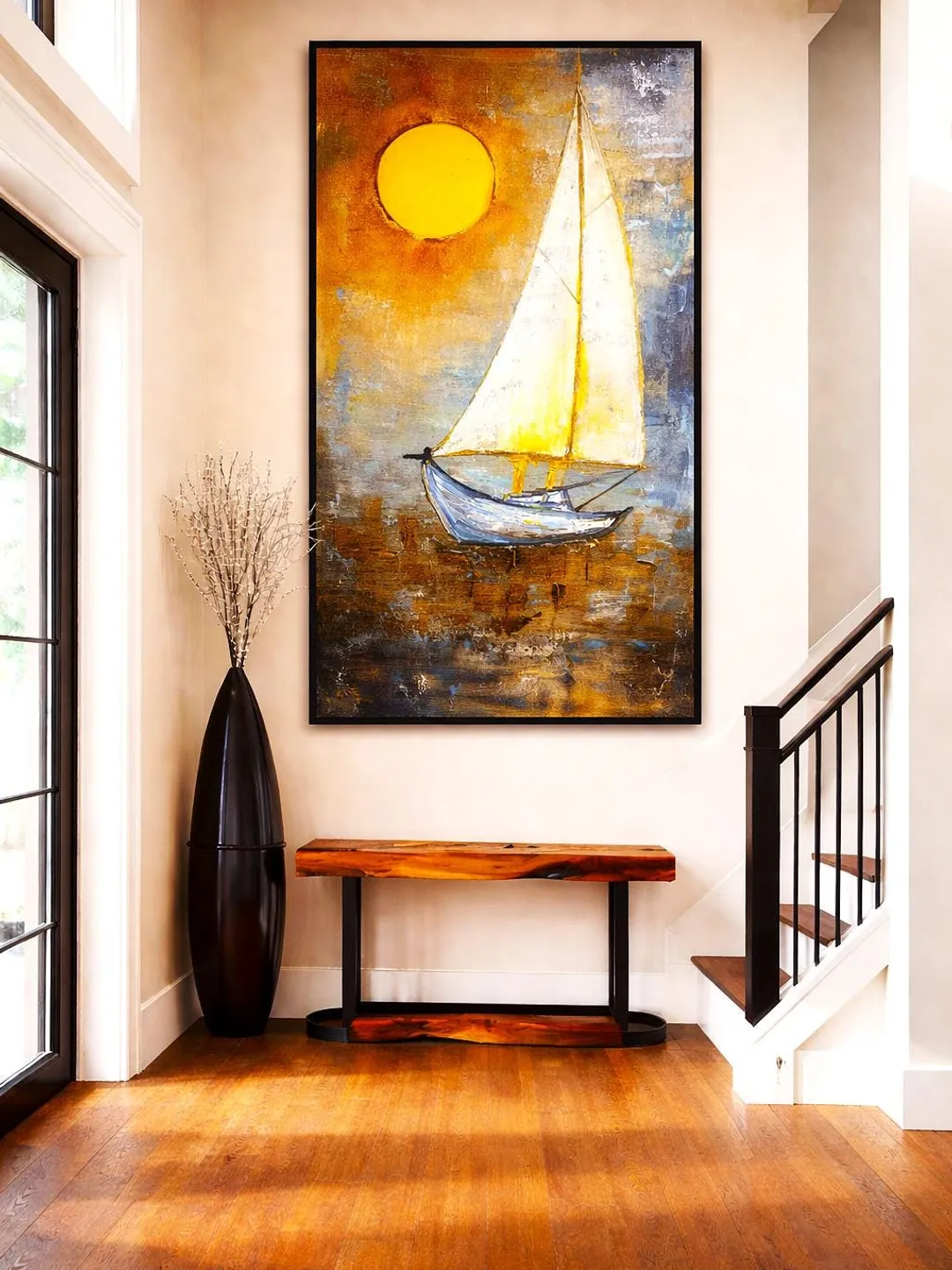 Sunset Sailboat Coastal Oil Painting — Vintage Maritime Wall Art Print