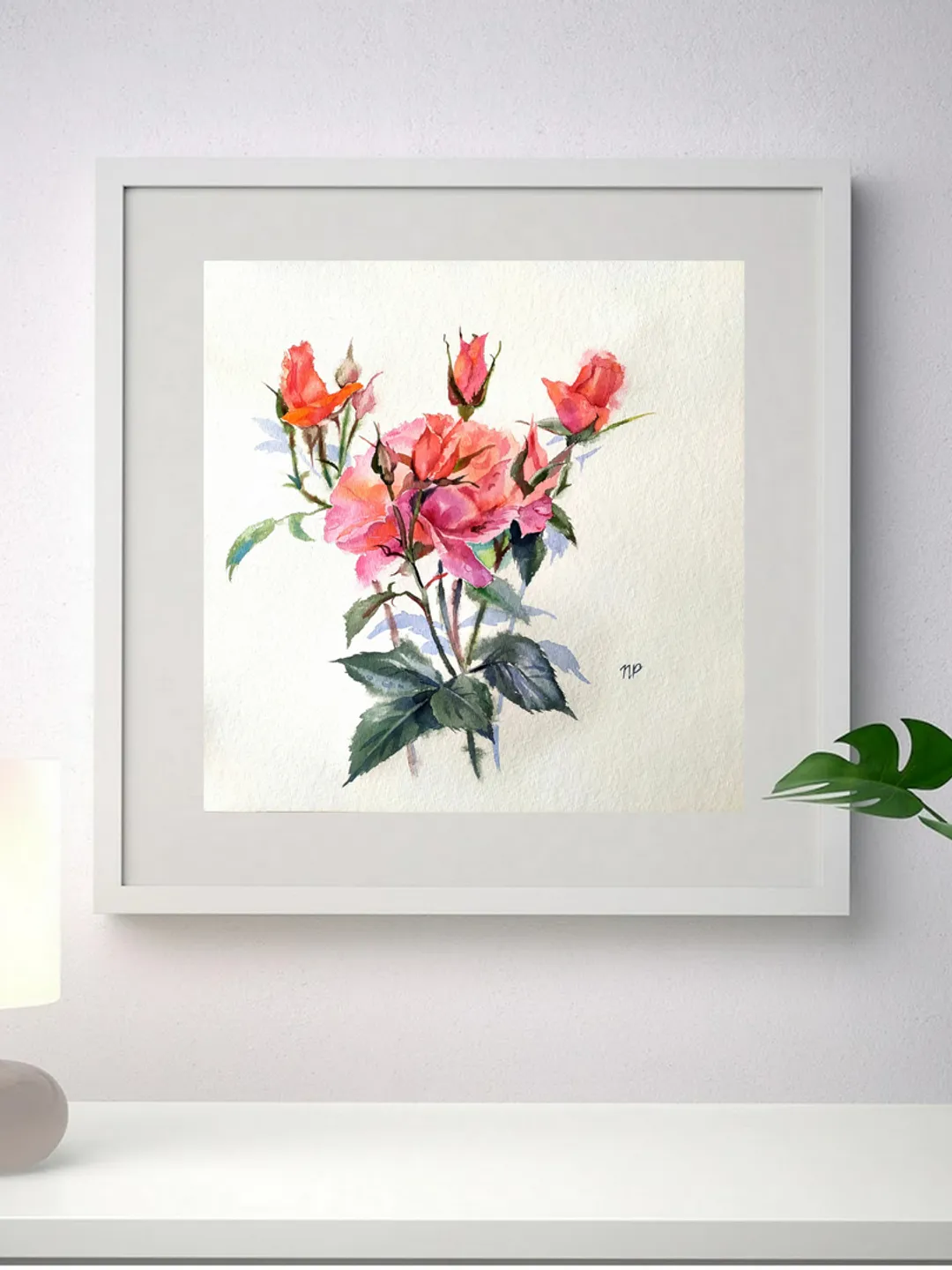 Rose Painting Floral original art 12 by 12 Red Flower watercolor square wall art Rose aquarelle by Natalia Plotnikova