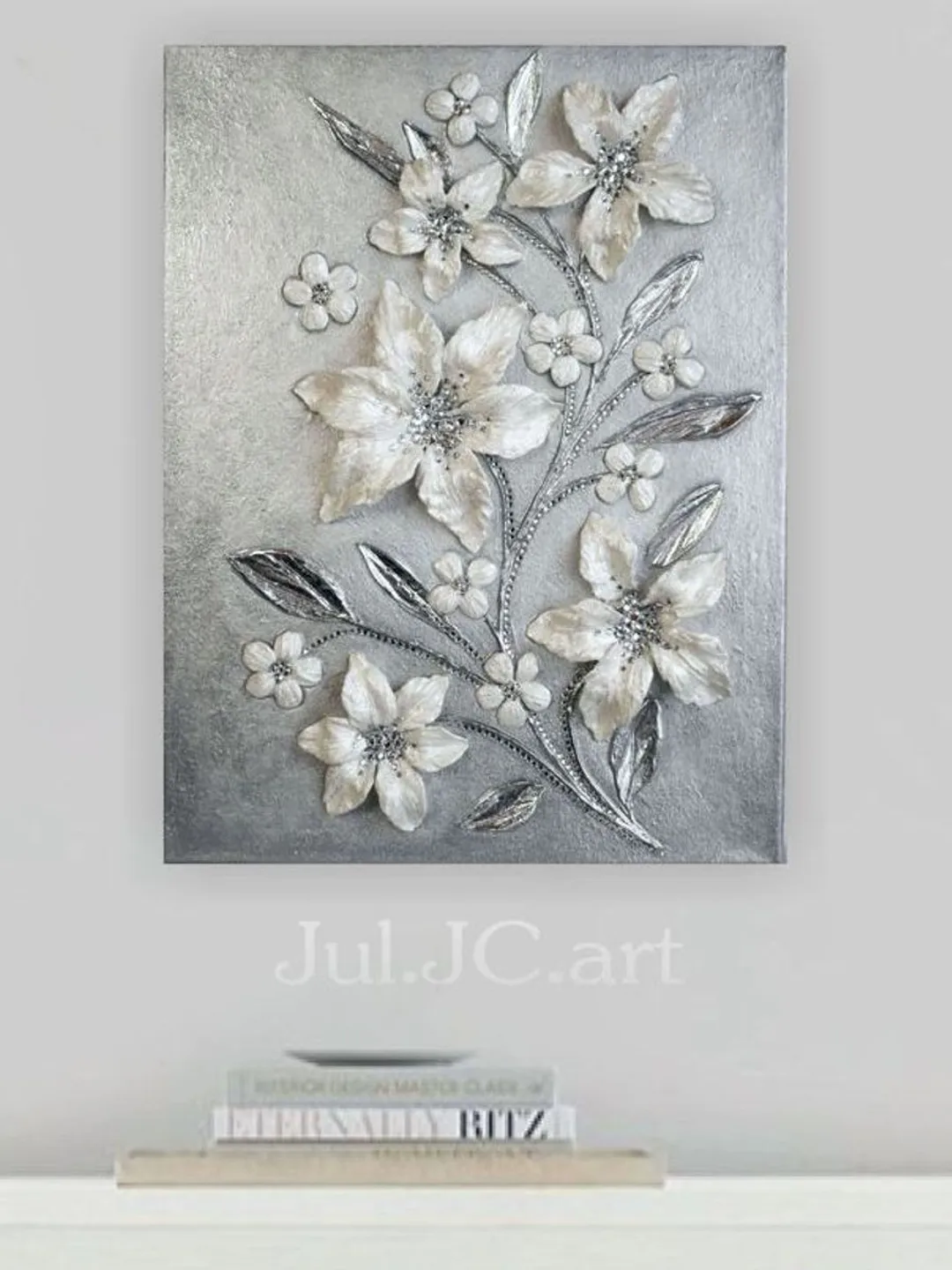 White Pearl Lilies Floral artwork | Silver Glittery Textured Flower Original Painting with Crystal
