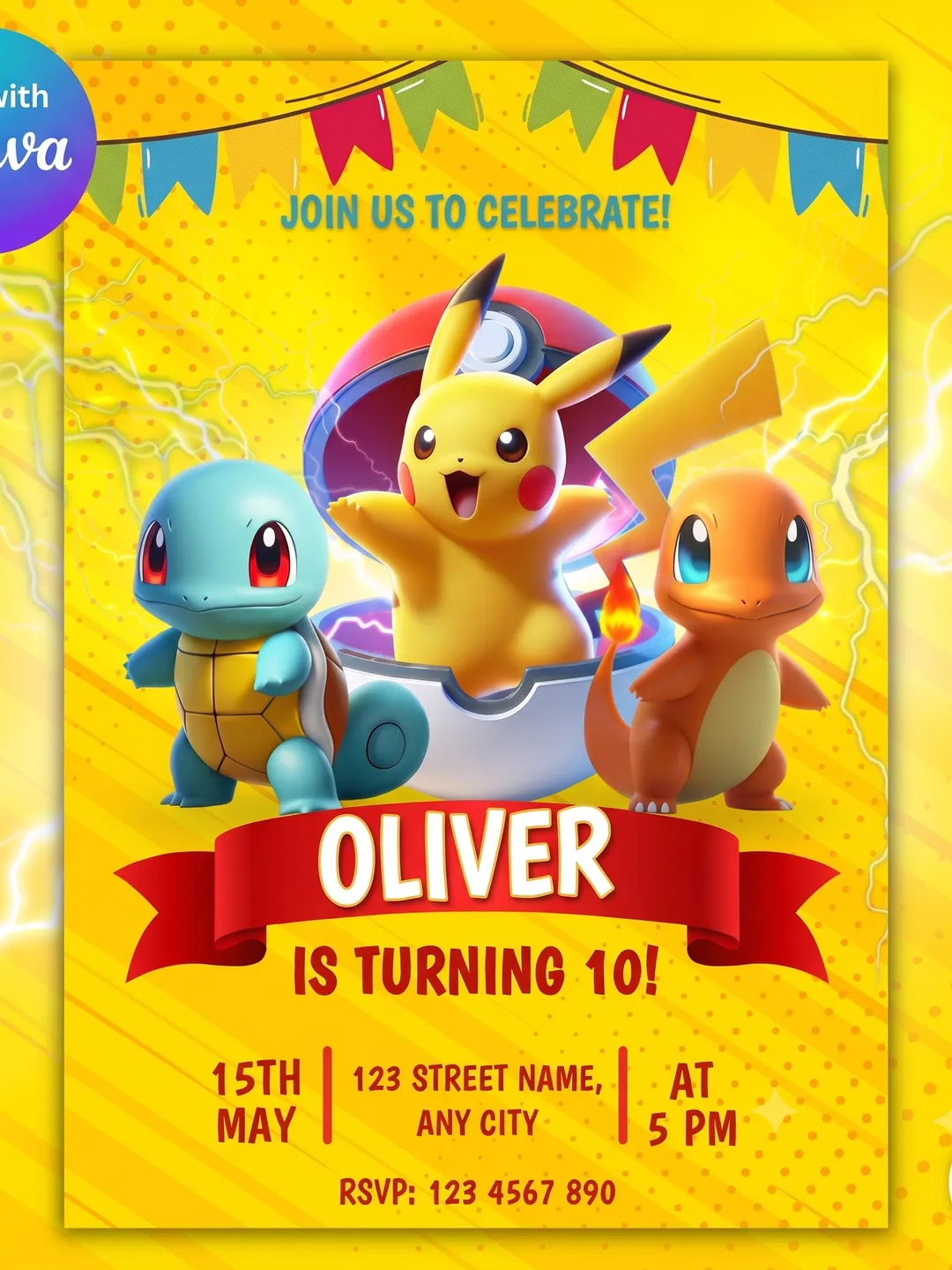 Editable Pokemon Birthday Invitation Template | Pikachu Birthday Party Invite | Printable Kids Birthday Invitation | Digital Pokemon Party Invite | Instant Download | Canva Editable Template