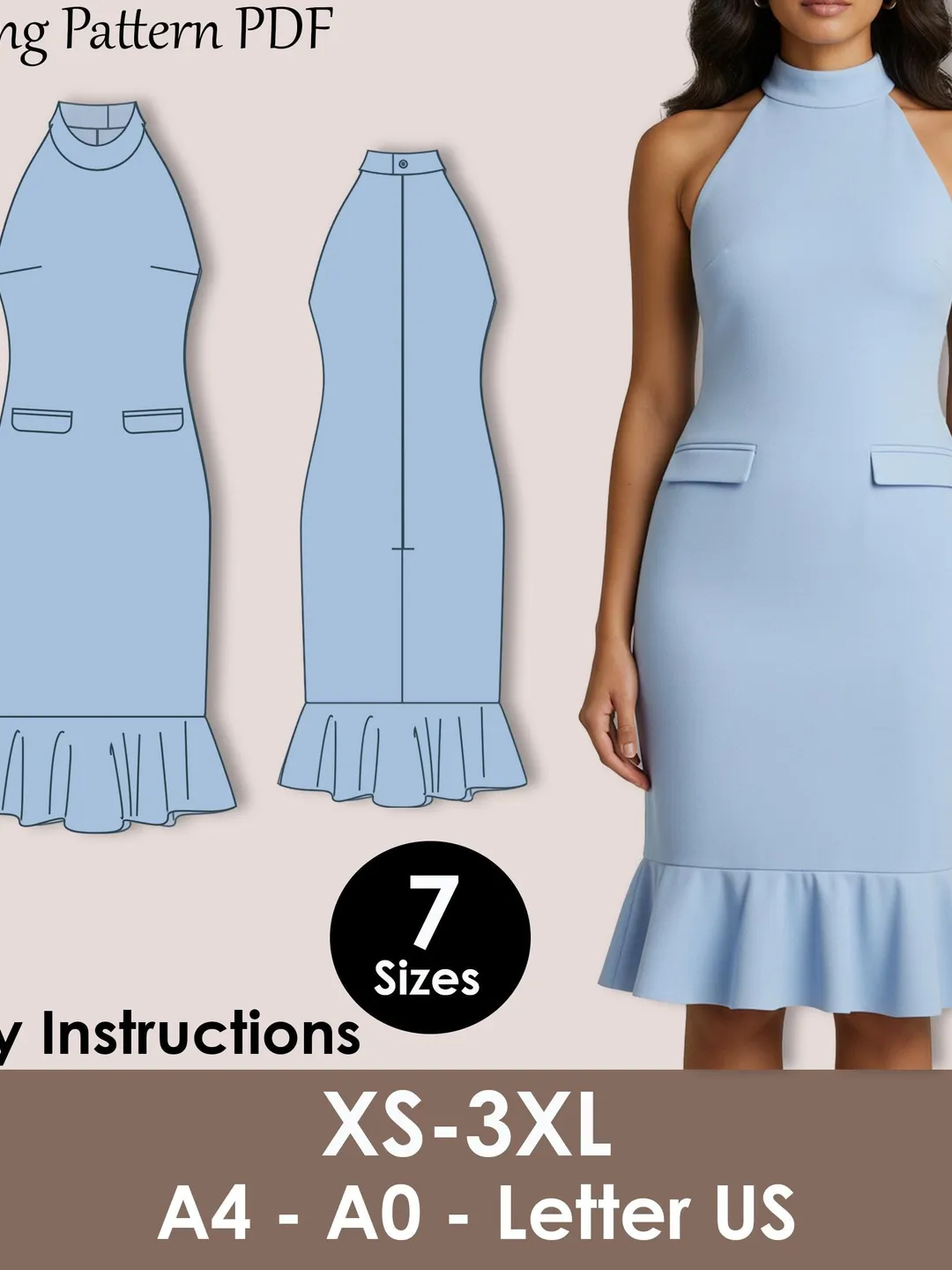 One Shoulder Bodycon Dress Sewing Pattern | XS-3XL (PDF Pattern)