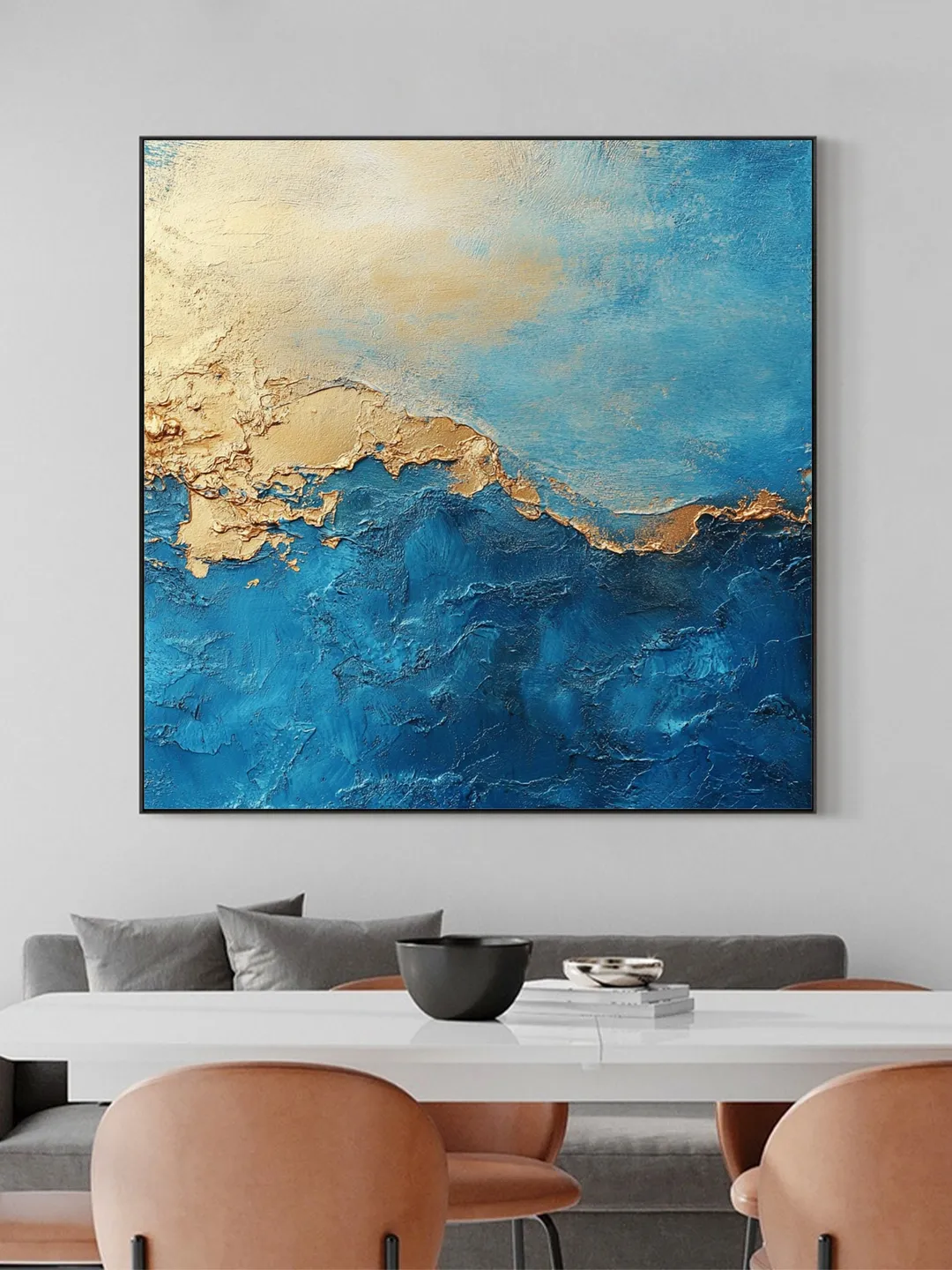 Abstract Gold leaf Oil Painting on Canvas, Original Blue Painting ...