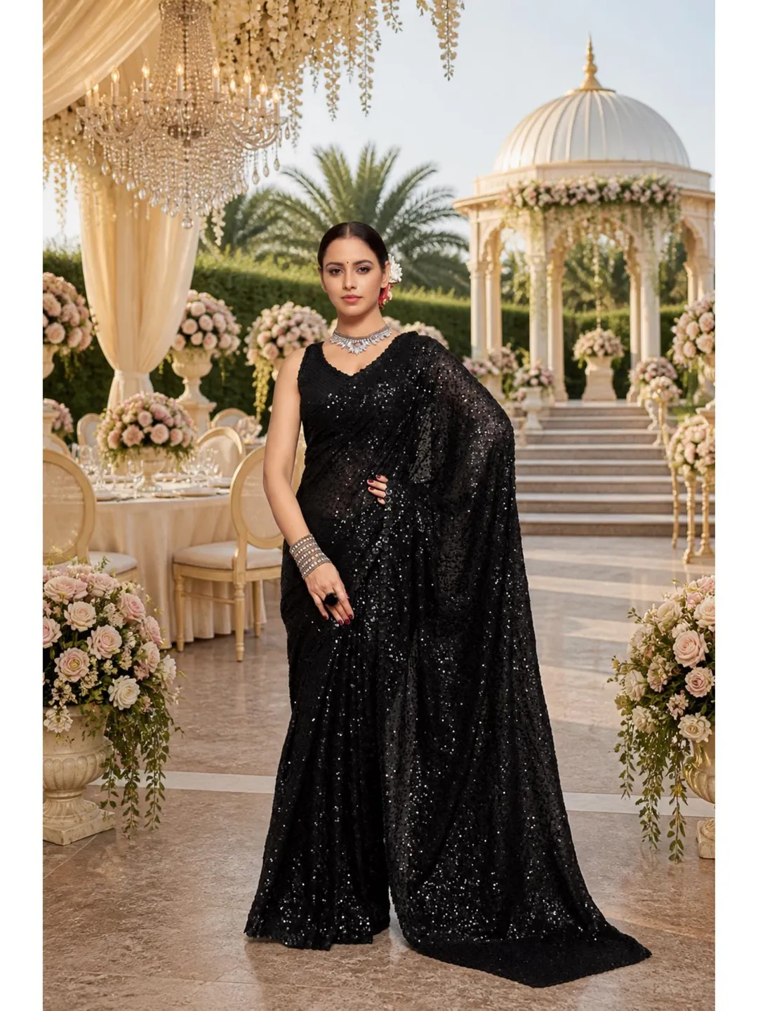 Black Sequin Ready To Wear Saree For Women: Indian Wedding Party Wear