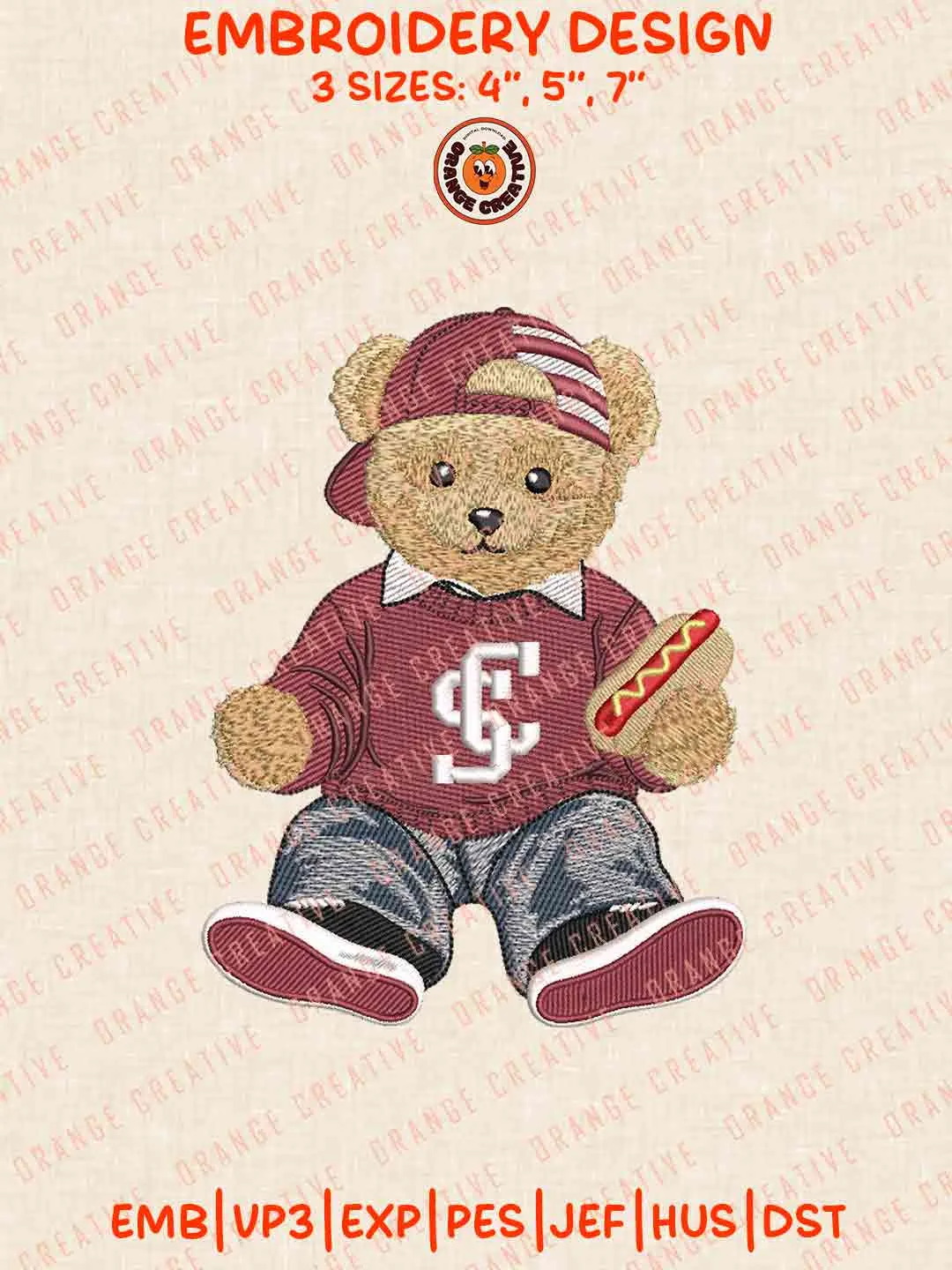 Santa Clara Bronco Bear With Hot Dog Embroidery Design Files, Football Embroidery Designs, Sport Machine Embroidery Files, 3 Sizes, Custom Sizes, Instant Download