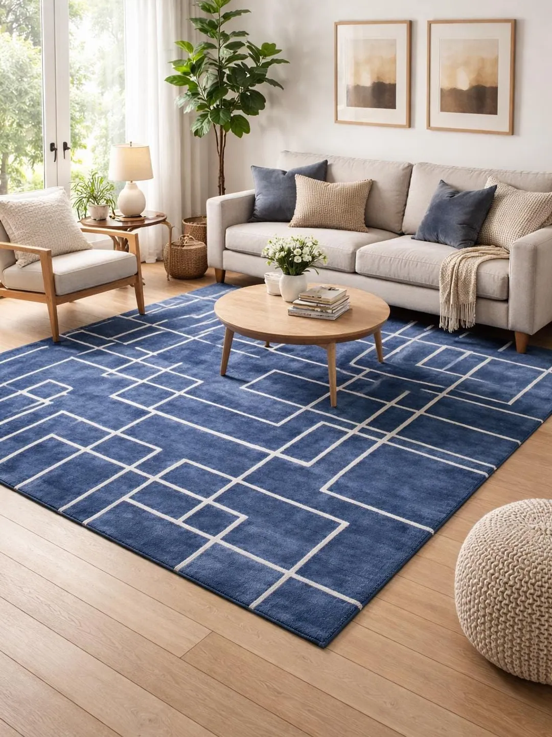 Midnight Blue Geometric Wool Rug: Hand-Tufted Modern Area Rug