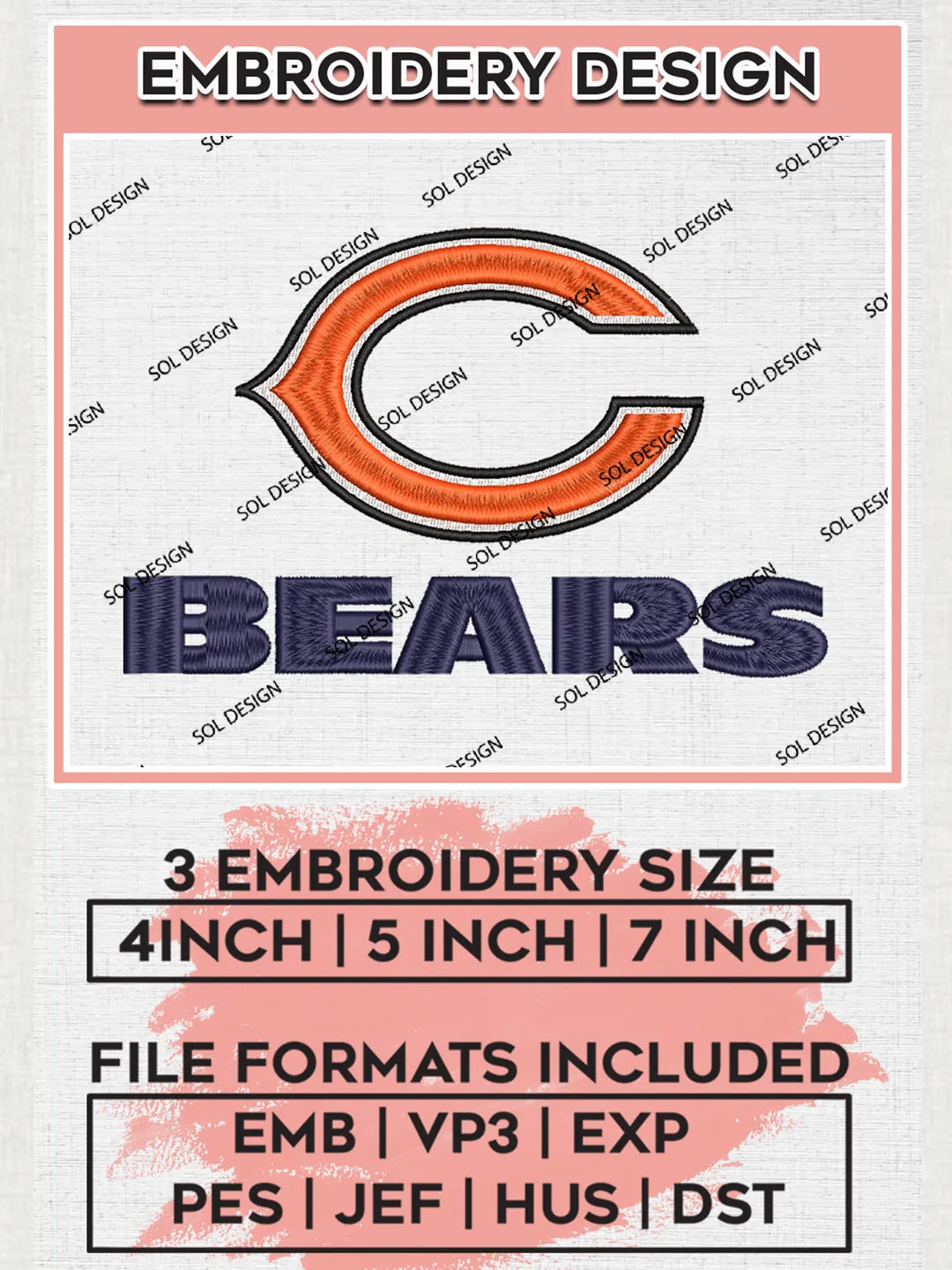 Chicago Bears Embroidery Design Files, NFL Bears, NFL Logo Embroidery Files, NFL Chicago Bears Machine Embroidery Design, Digital Download