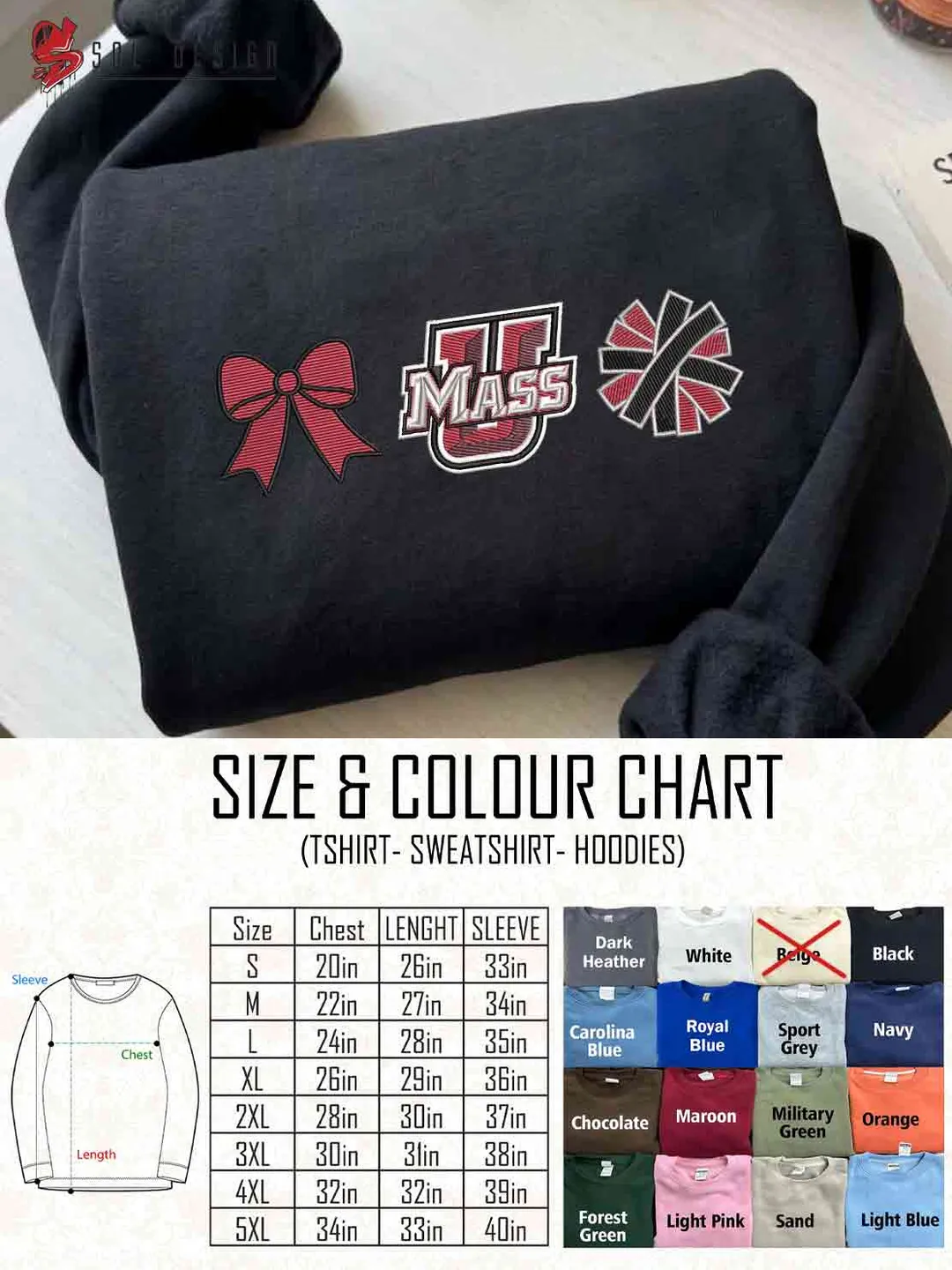 Massachusetts Minutemen Cheer Poms Bow Embroidered Sweatshirt, Football Embroidered Sweatshirt, Sport Game Day Cheerleader Shirt, Embroidered Hoodie, Unisex Crewneck, College Football Team Fan Gift Tee