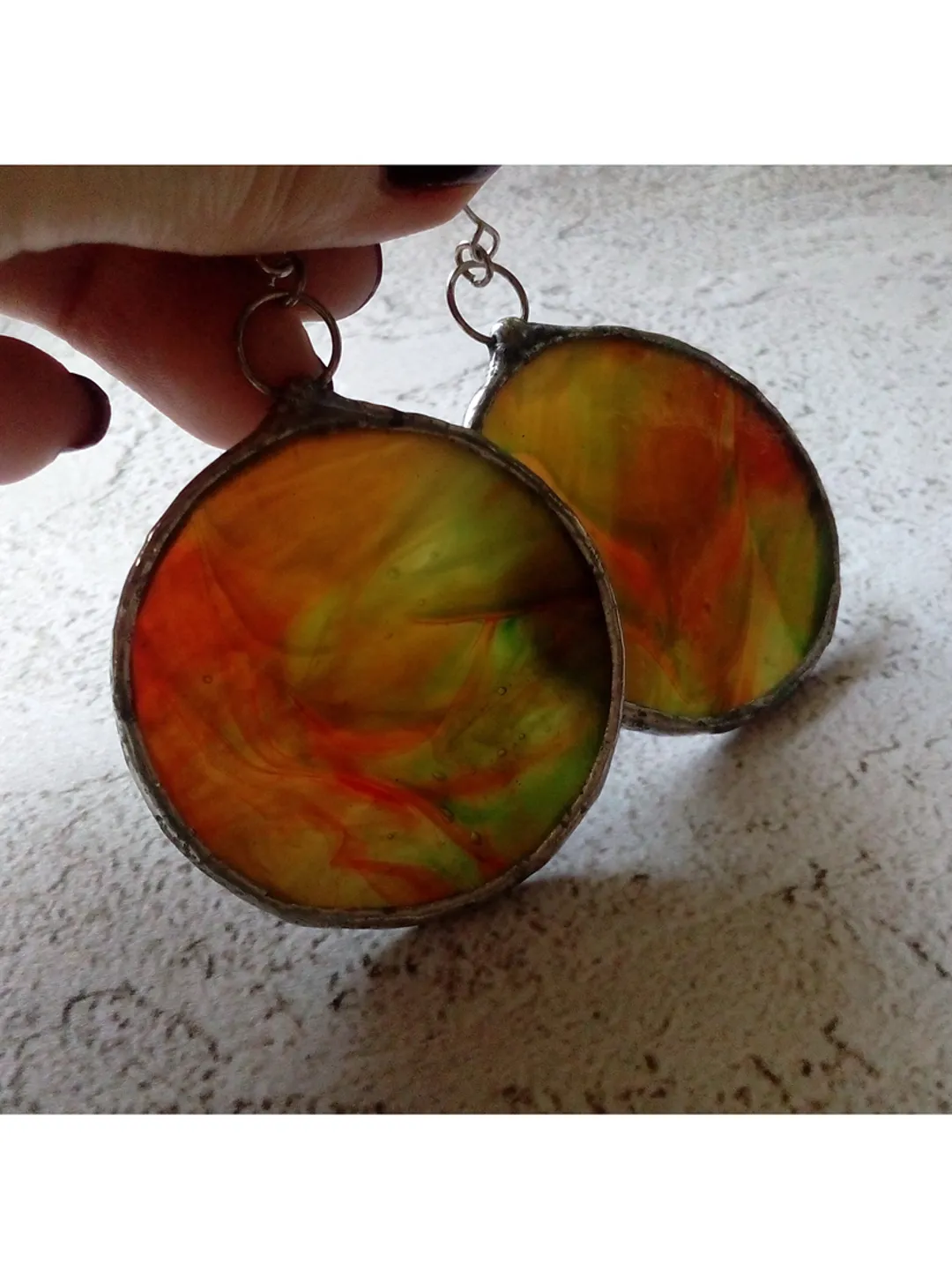 Stained glass green cute earrings, Dangle Geometric Round stainglass