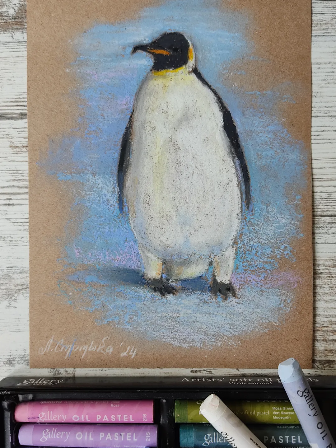 Penguin. Original oil pastel painting.