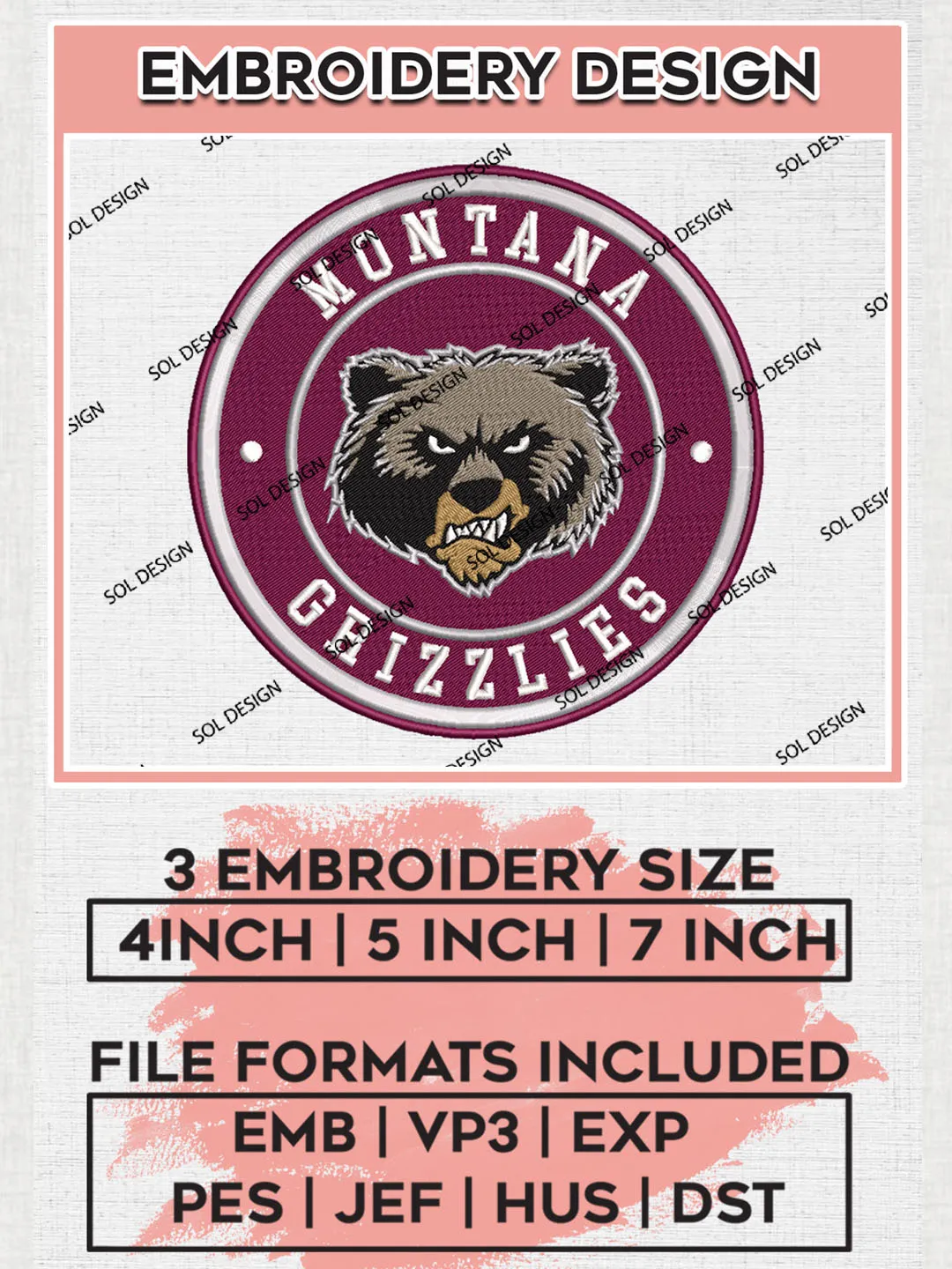 NCAA Montana Grizzlies Round Logo Embroidery, NCAA Montana Grizzlies Logo Embroidery files, NCAA Teams, Machine embroidery designs, Digital Download