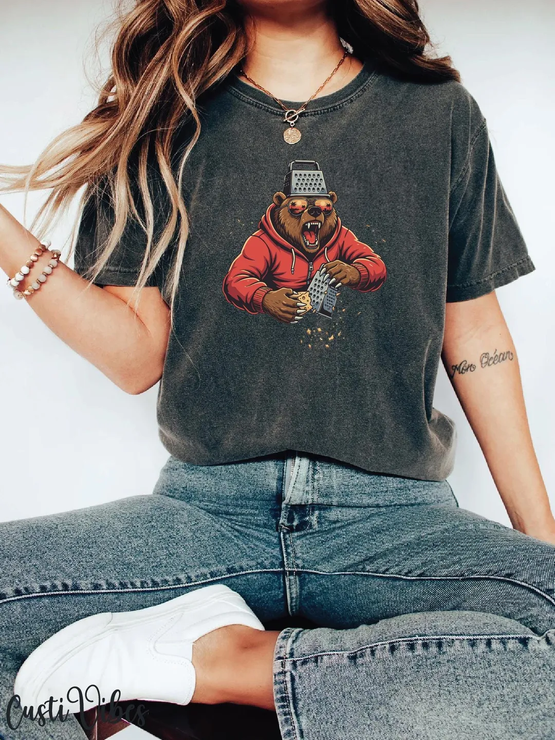 Retro Bear with Cheese Grater and Sun Glasses T-Shirt, Funny Animal Cartoon Tee, Unique Gift for Animal Lovers and Casual Wear