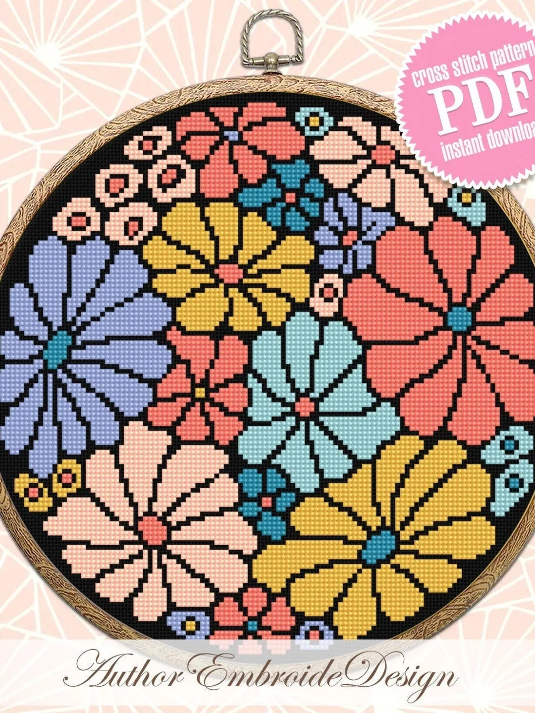 Abstract flowers cross stitch pattern PDF download Boho floral cross stitch chart, Flower pattern digital PDF, Beginner cross stitch #P46