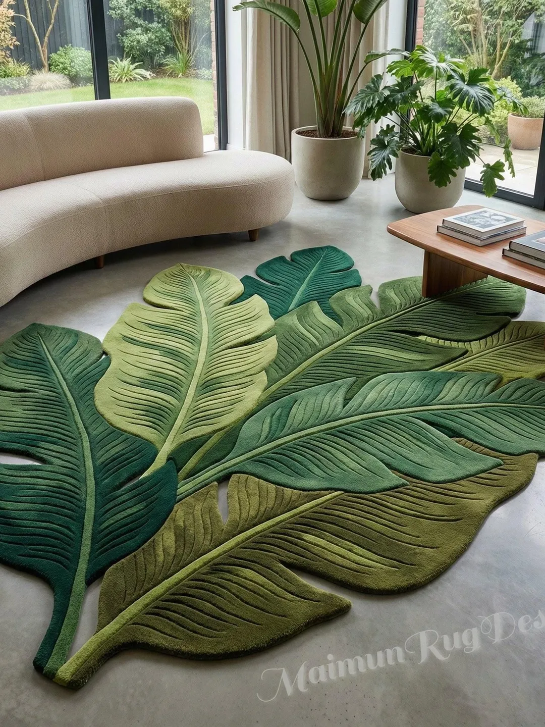 Hand-Tufted Banana Leaf Wool Rug, Tropical Green Carpet