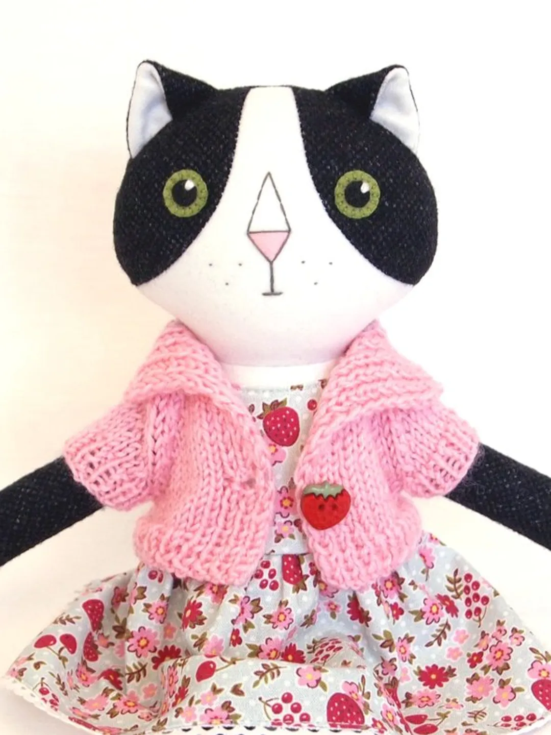 Tuxedo cat girl, handmade plush kitten toy, stuffed wool doll, soft cat toy