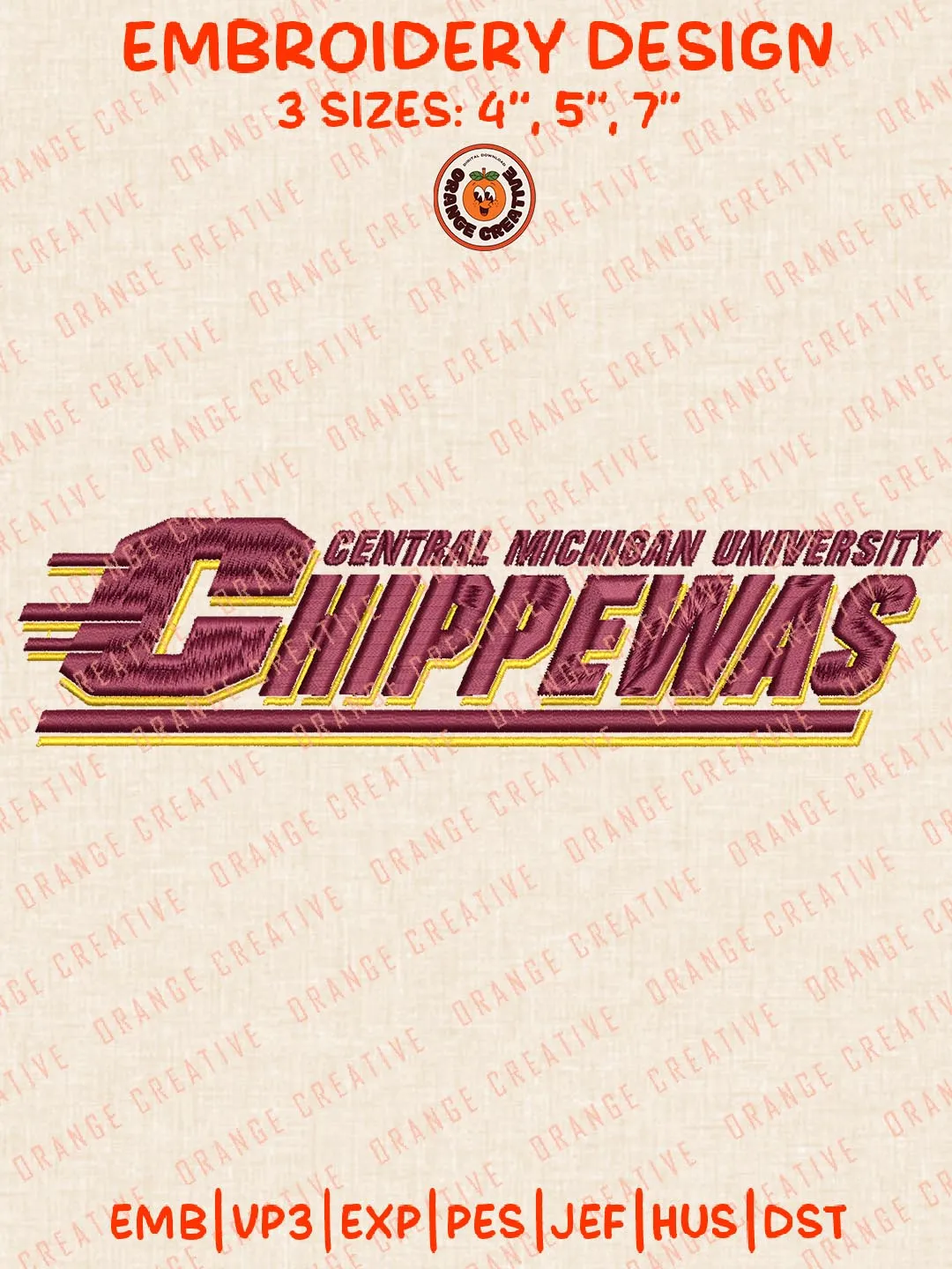 Central Michigan Chippewas Text Embroidery Design Files, NCAA Logos Embroidery Designs, NCAA Machine Embroidery Files, 3 Sizes, Custom Sizes, Instant Download