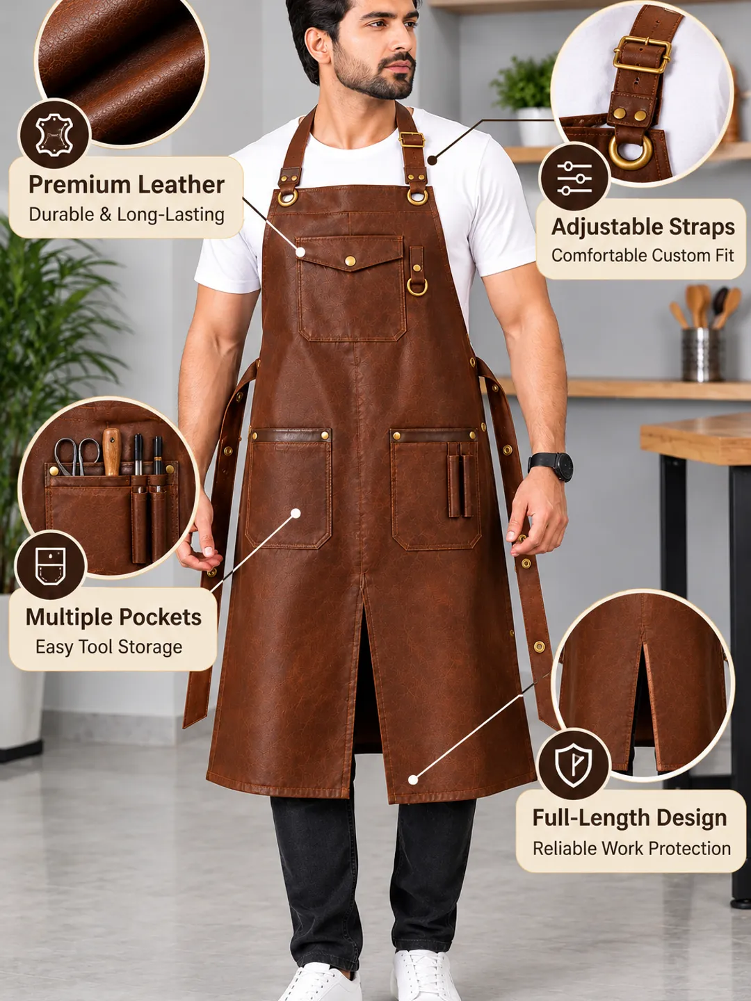 Full Grain Leather Work Apron – Adjustable Utility Apron for Woodworking, Barber, Tattoo & Workshop