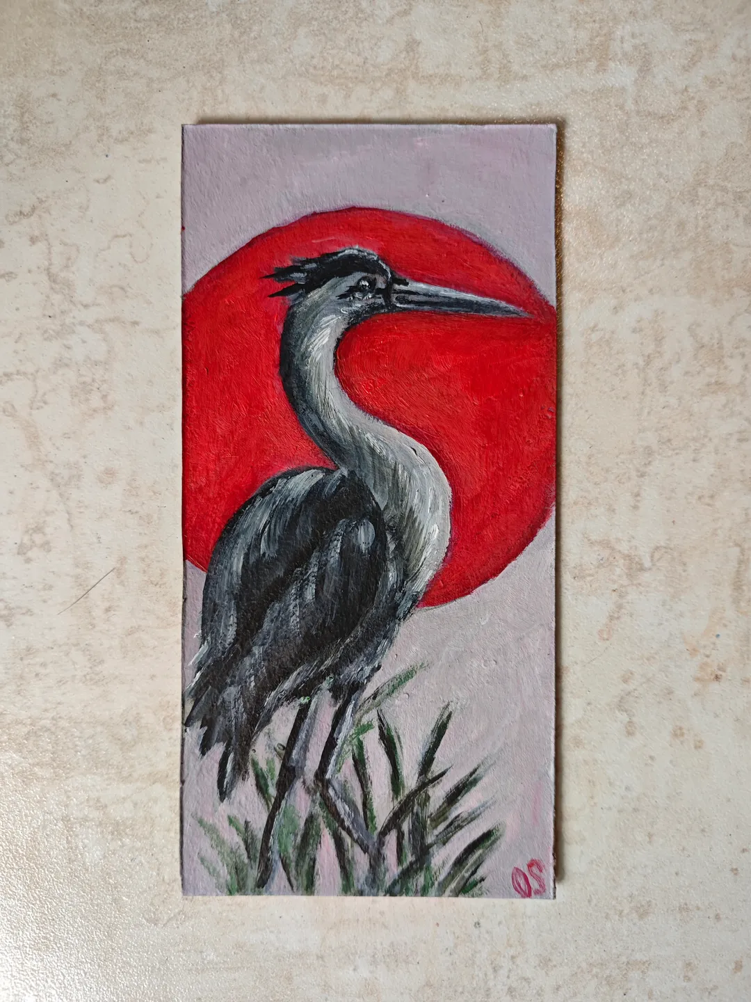 Japanese Crane Bird Original Painting Crane Bird Artwork Japanese Style Crane Modern Art Japanese Crane Red Sun Oil Painting 4 x 8 inches by OlgaSokolovaArt
