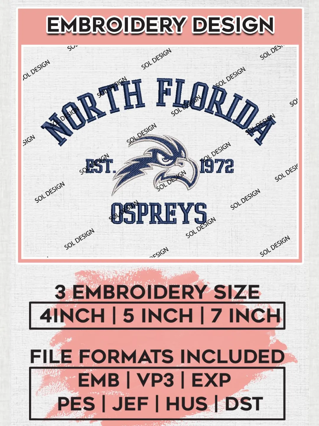 North Florida Ospreys Est 1972 Logo Embroidery Designs, NCAA North Florida Ospreys Team Embroidery, NCAA Team Logo, 3 sizes, Machine embroidery Files, Digital Download