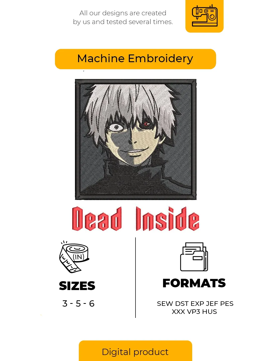 Dead Inside Anime Embroidery Design – Half Ghoul White Hair Machine Embroidery File