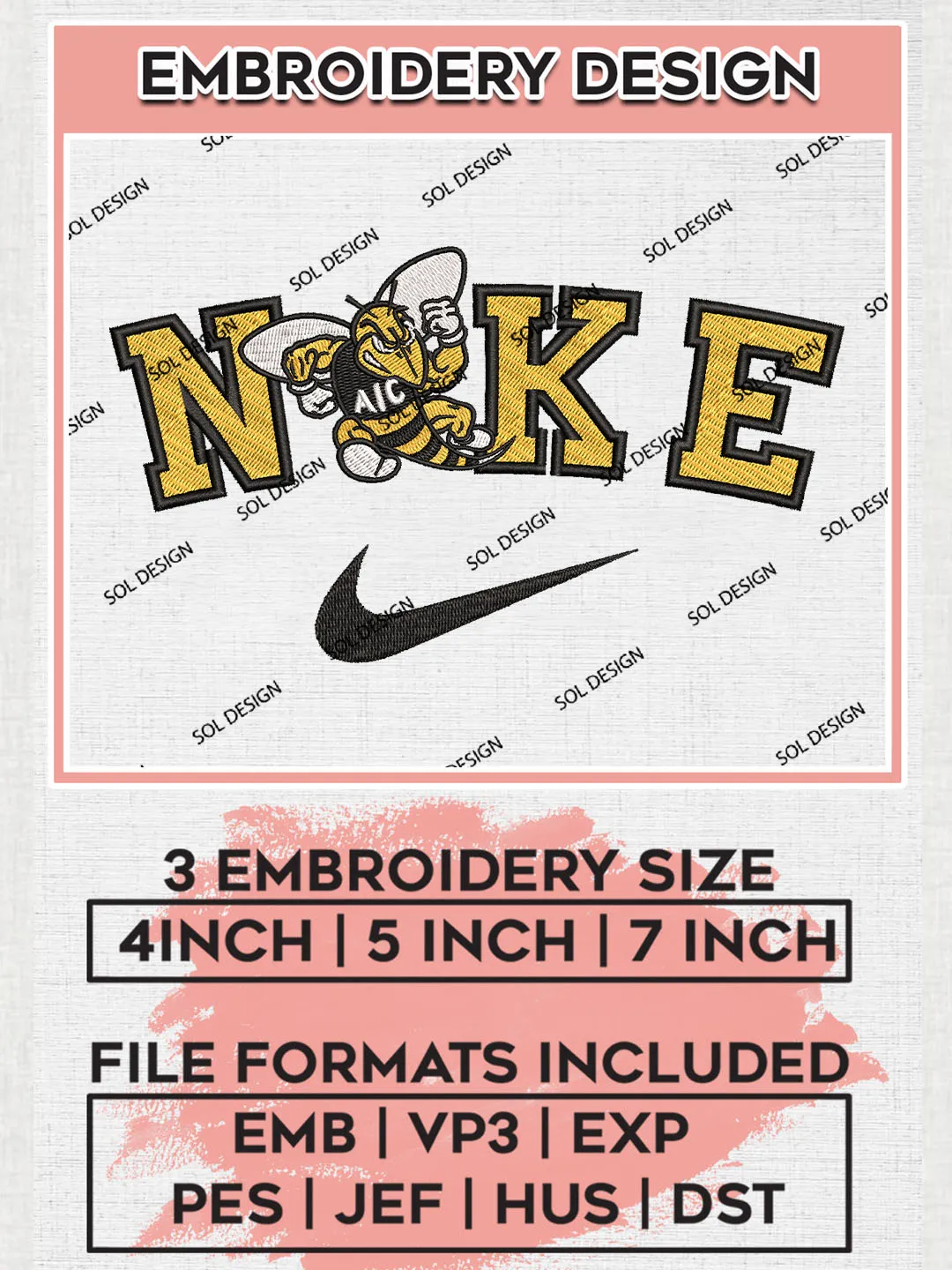 NCAA AIC Yellow Jackets Team Hockey Mascot Logo Embroidery Design Files, NCAA AIC Yellow Jackets Machine Embroidery, NCAA Teams, 3 sizes, NCAA Machine embroidery designs, Digital Download