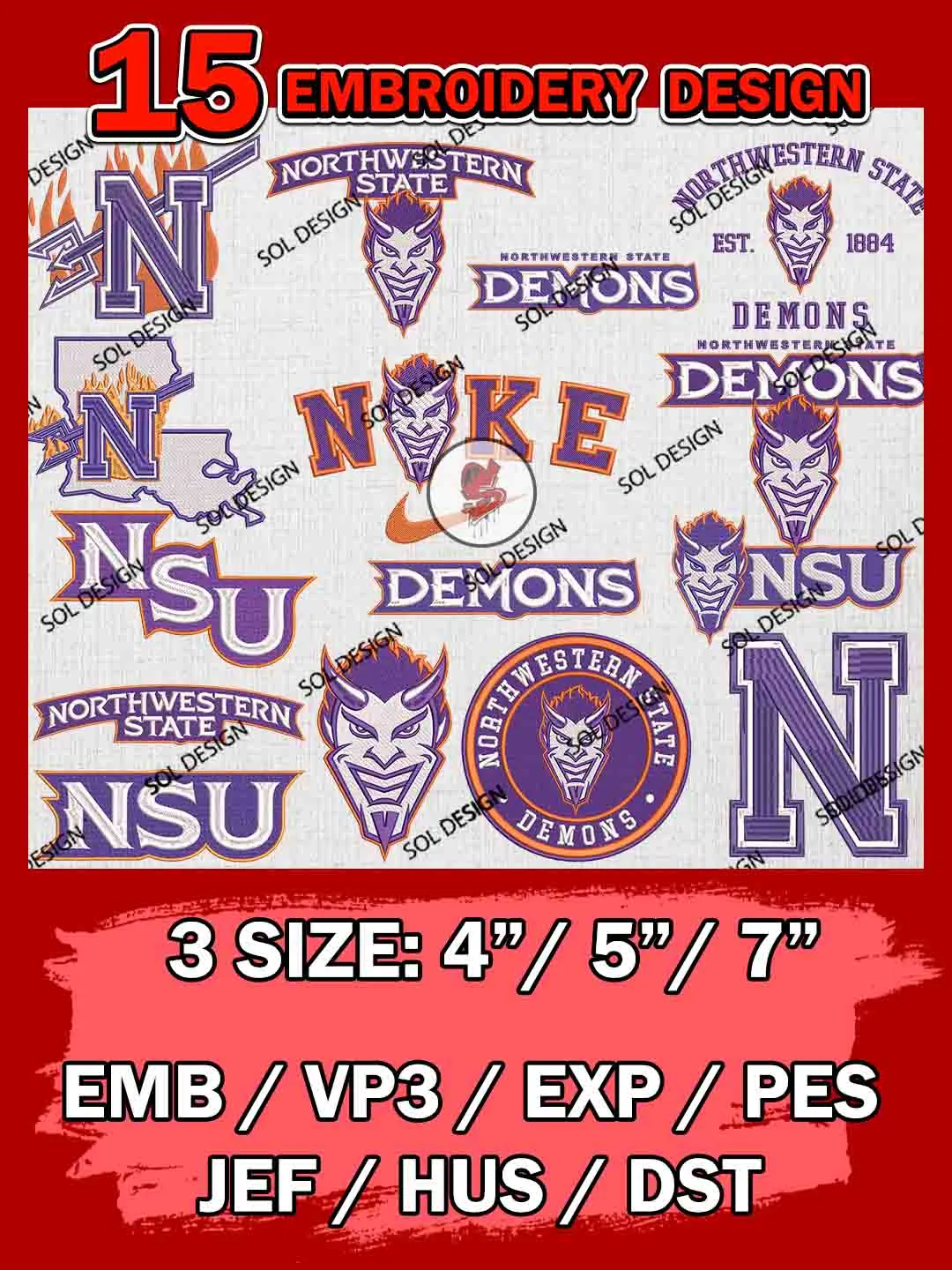 15 NCAA Northwestern State Demons Bundle Embroidery Files, NCAA Northwestern State Demons Team Bundle Embroidery Designs, NCAA Teams, National College Football Team 3 sizes, NCAA Northwestern State Machine Embroidery, Digital Download