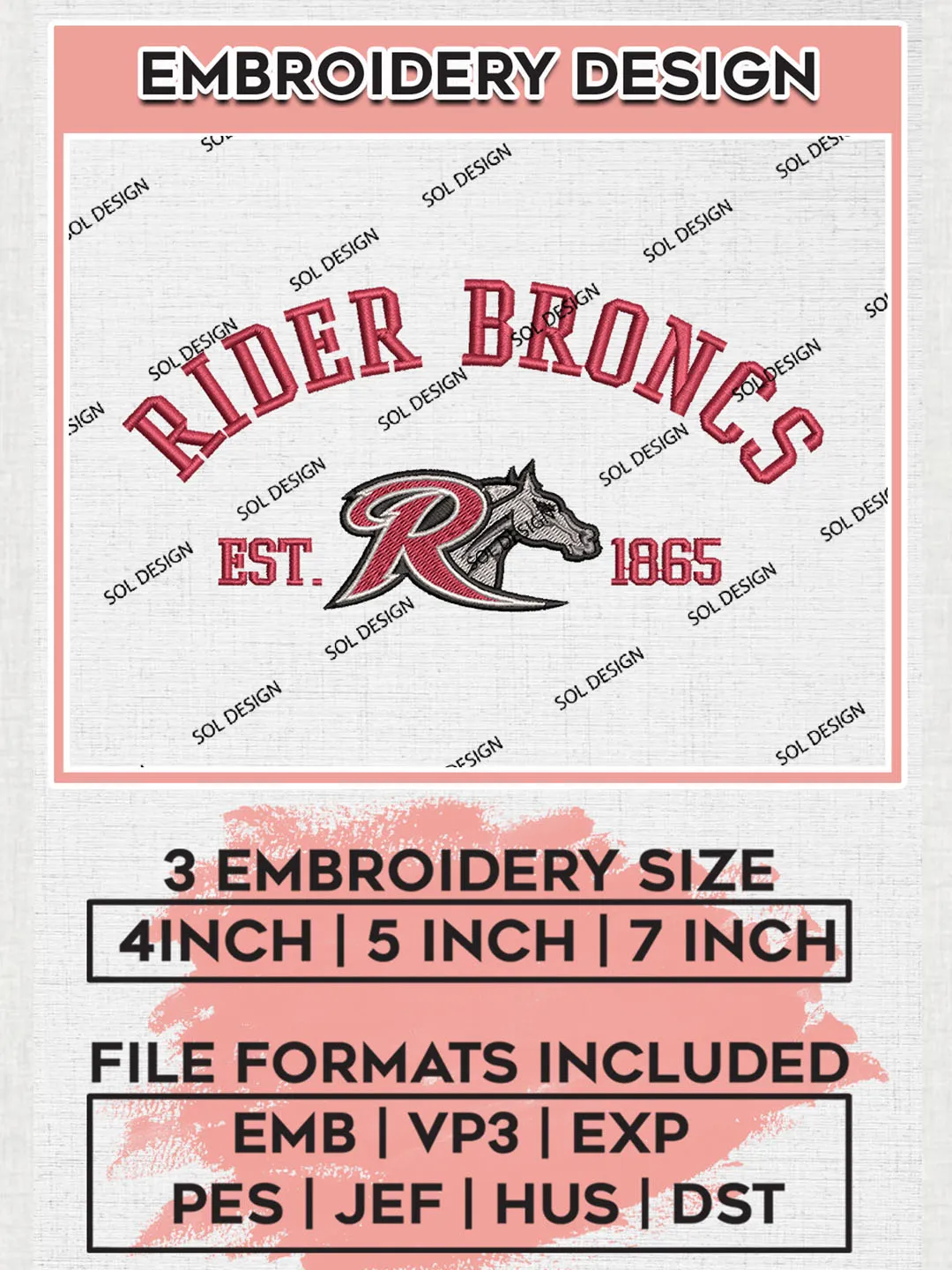 Rider Broncs Est Logo Embroidery Designs, NCAA Rider Broncs Team Embroidery, NCAA Team Logo, 3 sizes, Machine embroidery Files, Digital Download