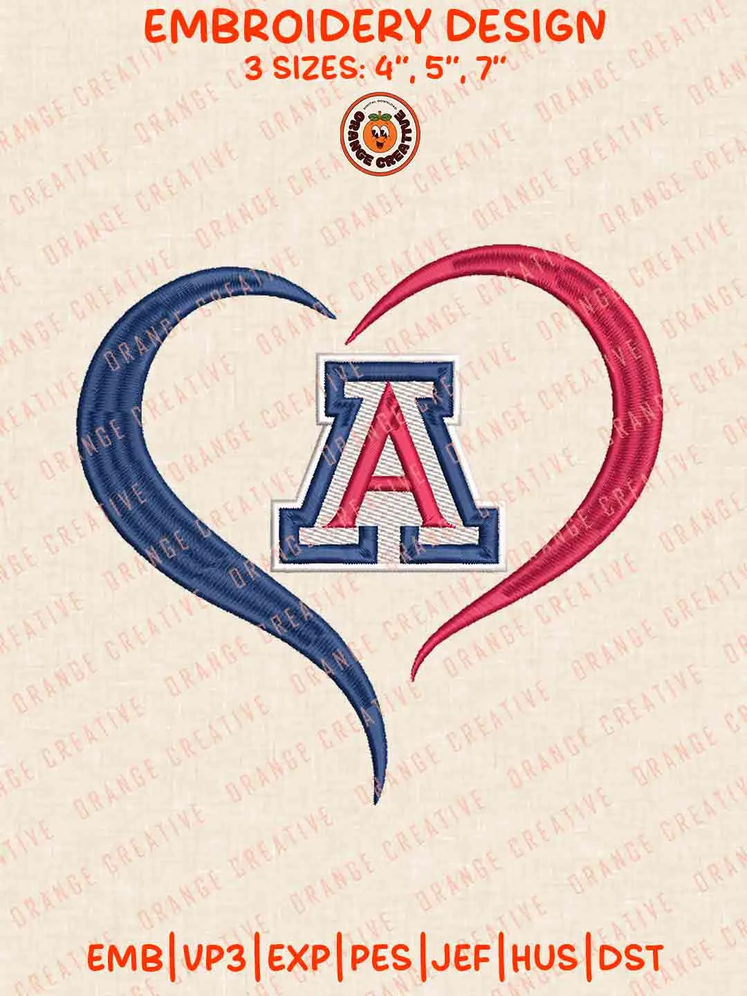 Arizona Wildcat Heart Logo Embroidery Design, College Machine Embroidery Digitized Pes File, Football Designs, 3 Sizes, Custom Size, Instant Download