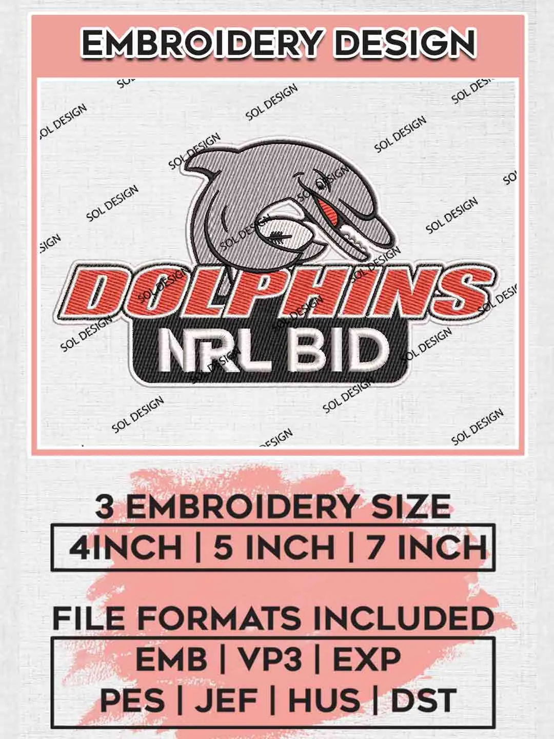 Dolphins NRL BID Embroidery Design, National Rugby League Logo, Redcliffe Dolphins Logos Embroidery Design,NRL Machine Embroidery Digitized Pes File,3 Sizes, Instant Download