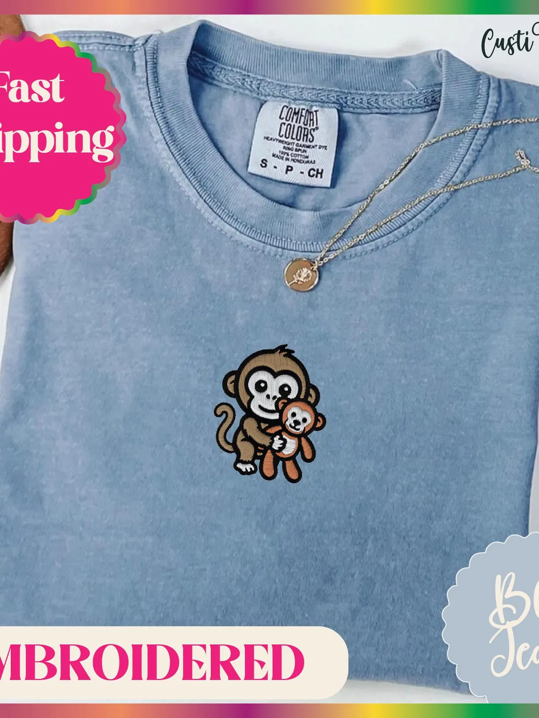 Baby Monkey Punch Shirt Embroidered. Cute Monkey Gift. Comfort Colors Shirt. Funny Animal Shirt. Cute Embroidery Top