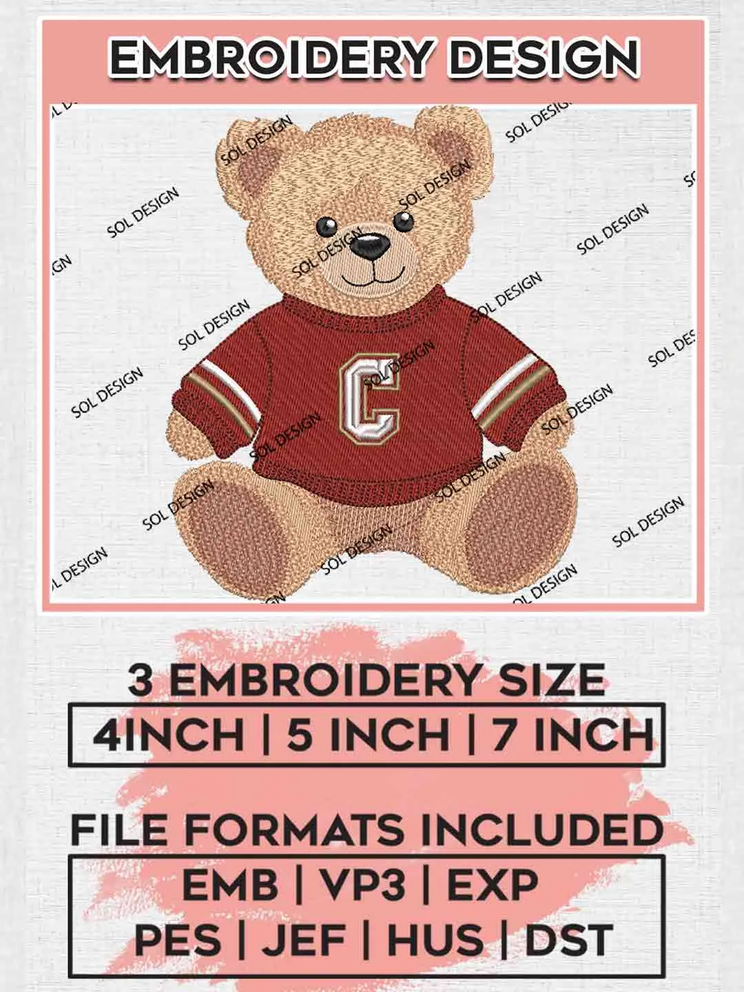 Charleston Cougar Teddy Bear Embroidery Design, Football Embroidery files, Sport Machine embroidery files, 3 sizes, Instant Download