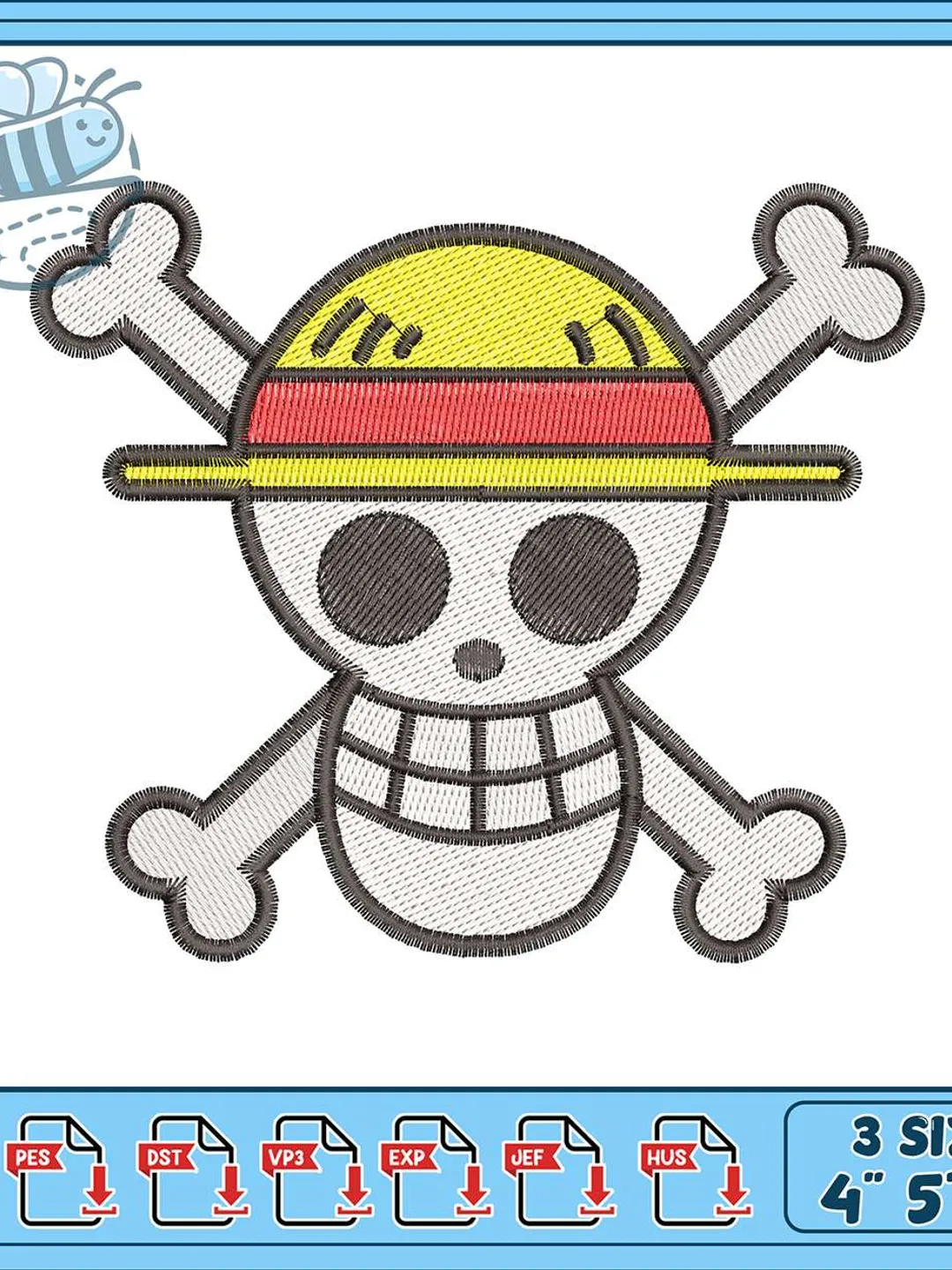 Luffy Skull Hat Embroidery Design, One Piece Jolly Roger Machine Embroidery File, Anime Pirate Skull Crossbones Embroidery Pattern