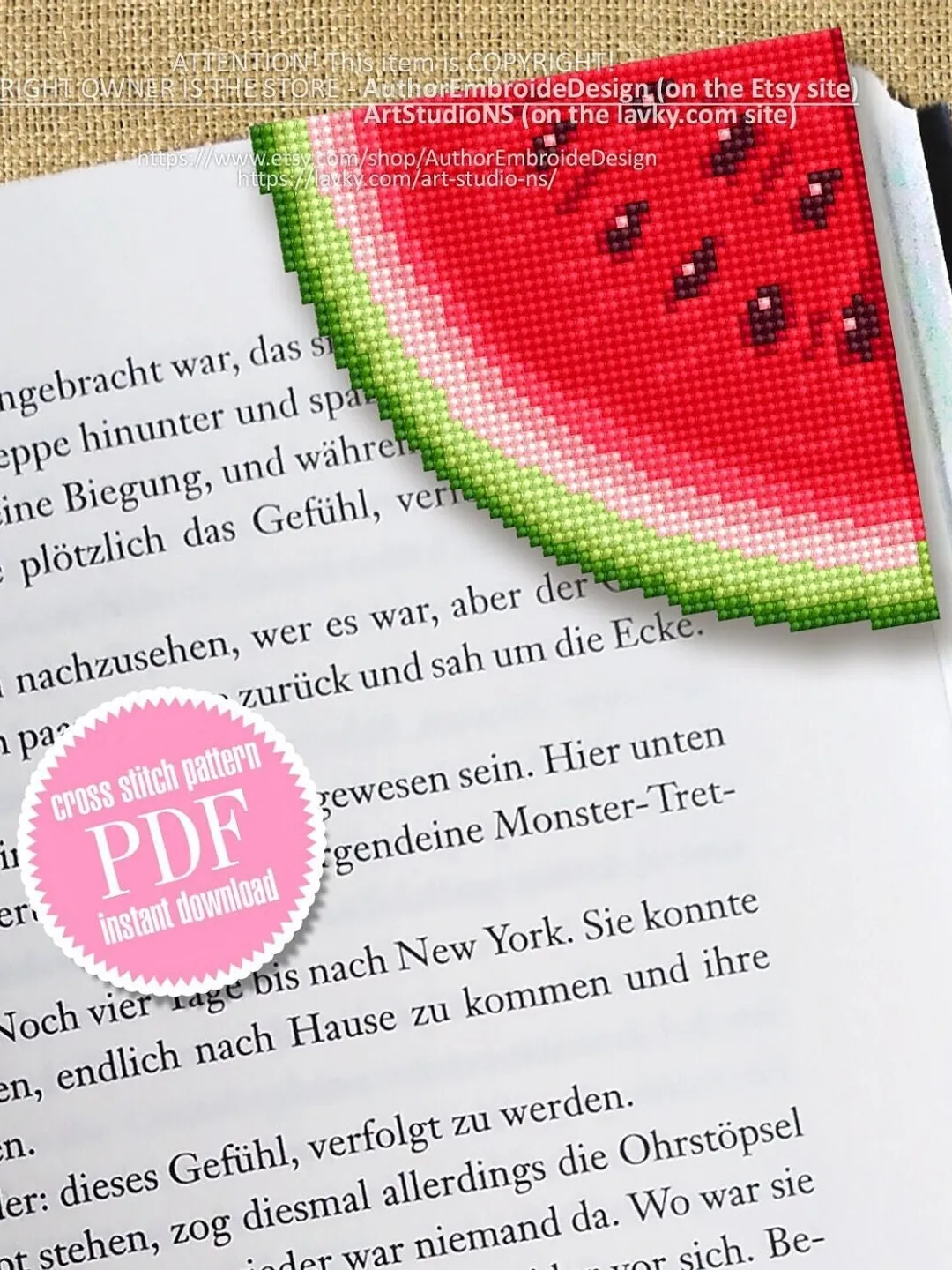 Corner bookmark cross stitch pattern PDF download Watermelon slice cross stitch chart Fruit bookmark corner digital PDF Vegetable food #B239