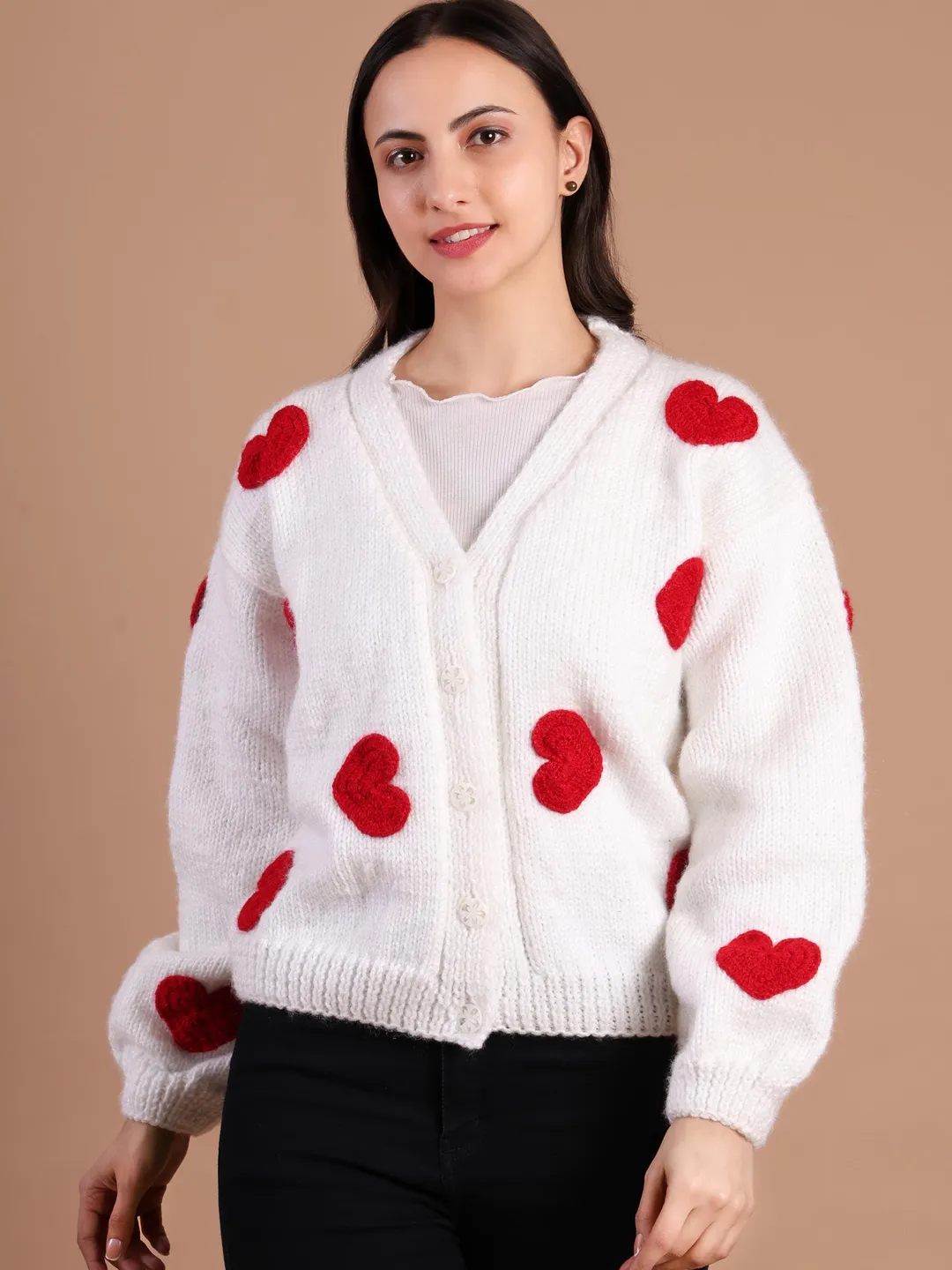 Hand-Knit Ivory Cardigan with Red Hearts | Korean Style, Drop