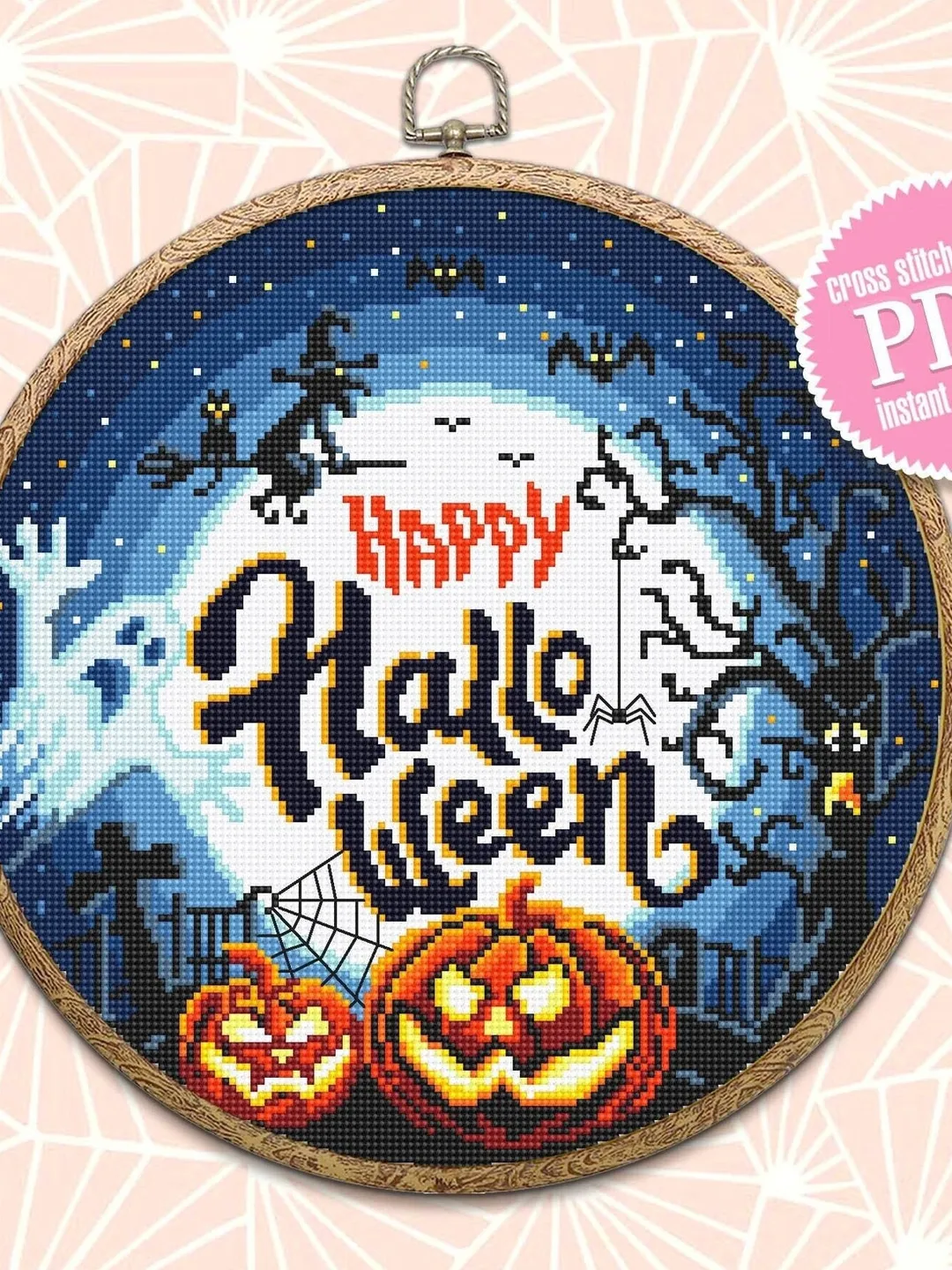 Happy Halloween cross stitch pattern download PDF Halloween moon cross stitch Spooky cross stitch chart Halloween night Magic embroidery #H8